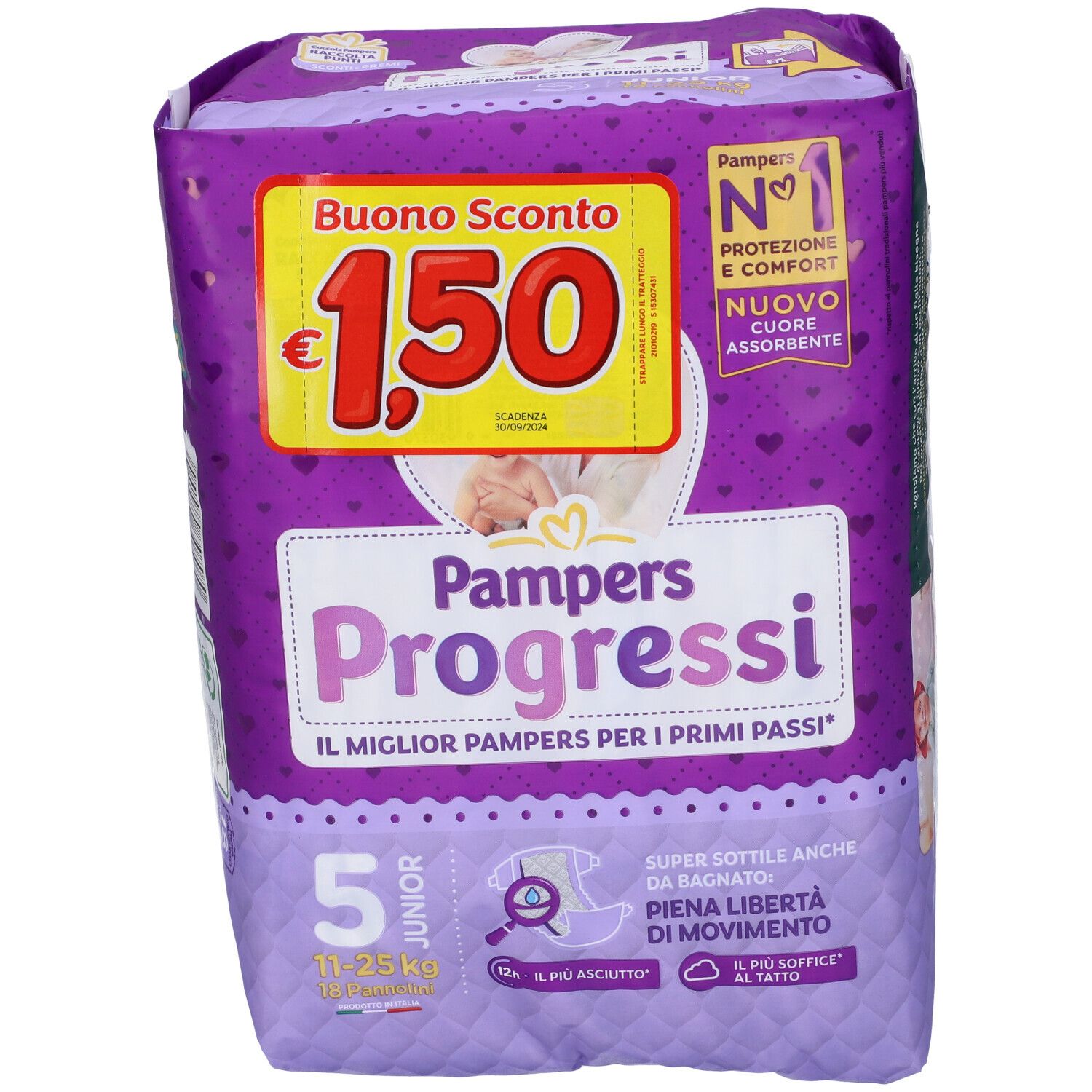 Pampers Progressi Windeln, Packung. Größe 5 Junior, 11-25 kg. Lila Verpackung mit Rabatt-Aufkleber.