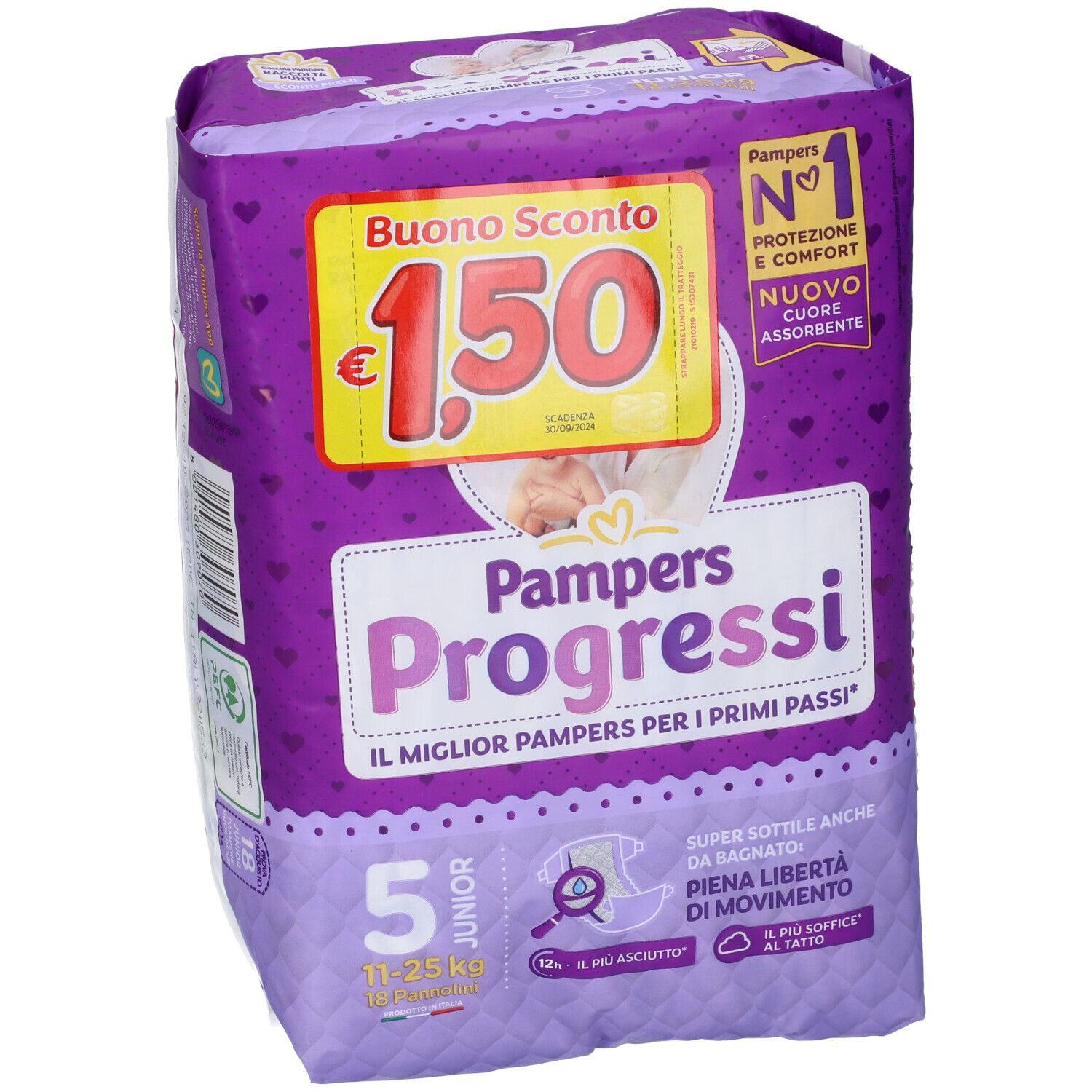 Pampers Progressi Windeln, Packung. Größe 5 Junior, 11-25 kg. Lila Verpackung mit Rabatt-Aufkleber.