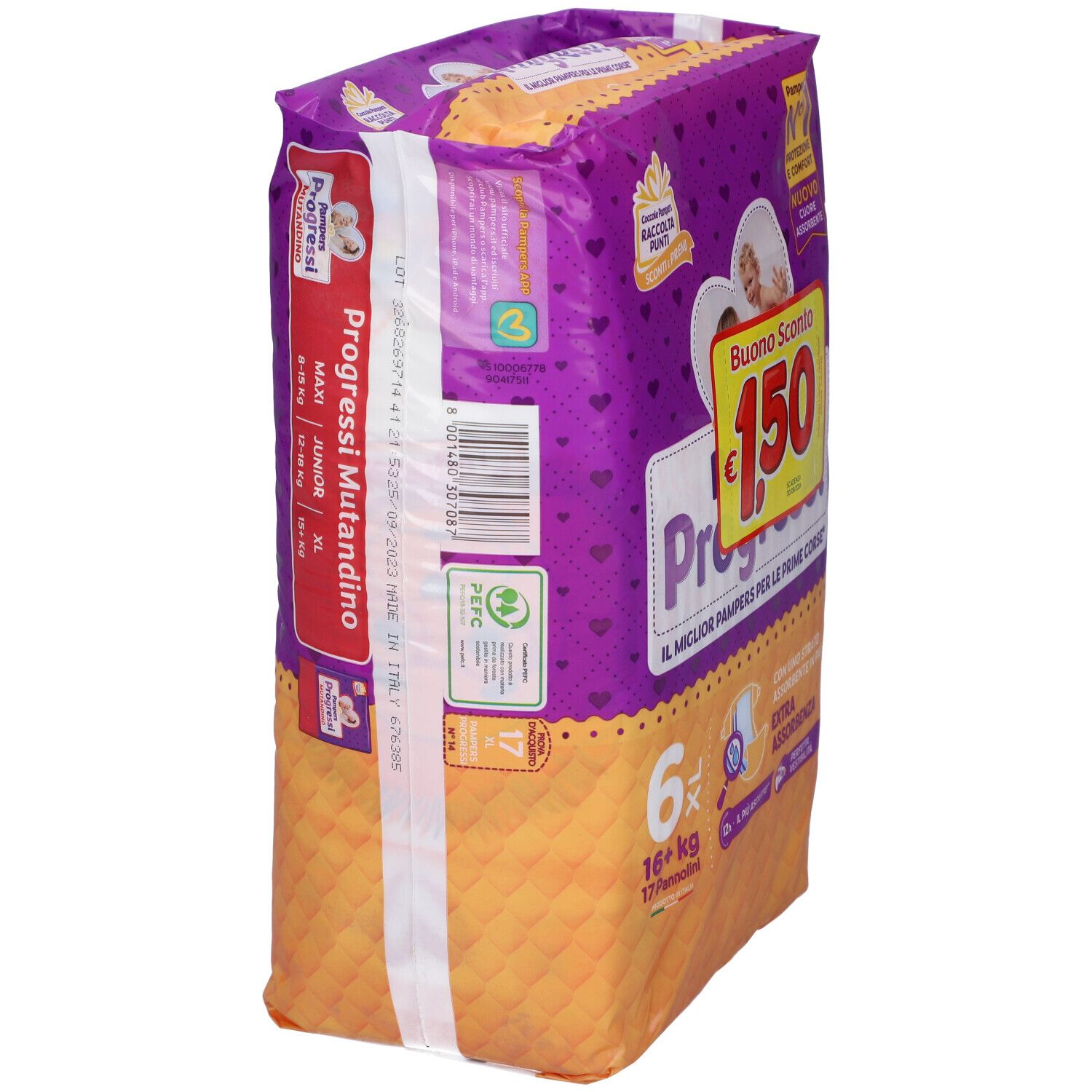 Pampers Progressi Windeln, Größe 6 XL. Seitenansicht der Verpackung mit Barcode.