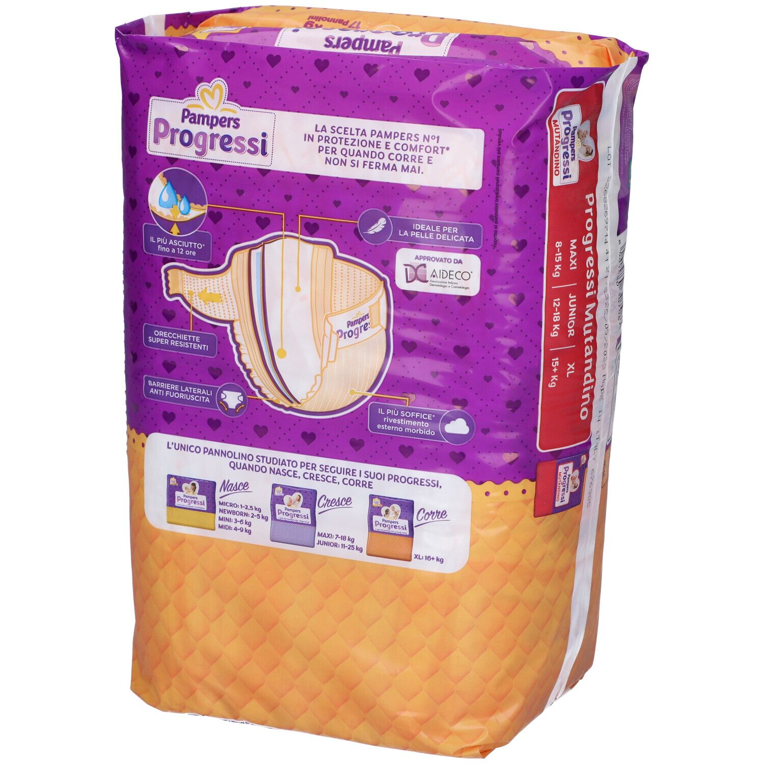 Rückseite der Pampers Progressi Windelpackung. Produktinformationen und Illustrationen.