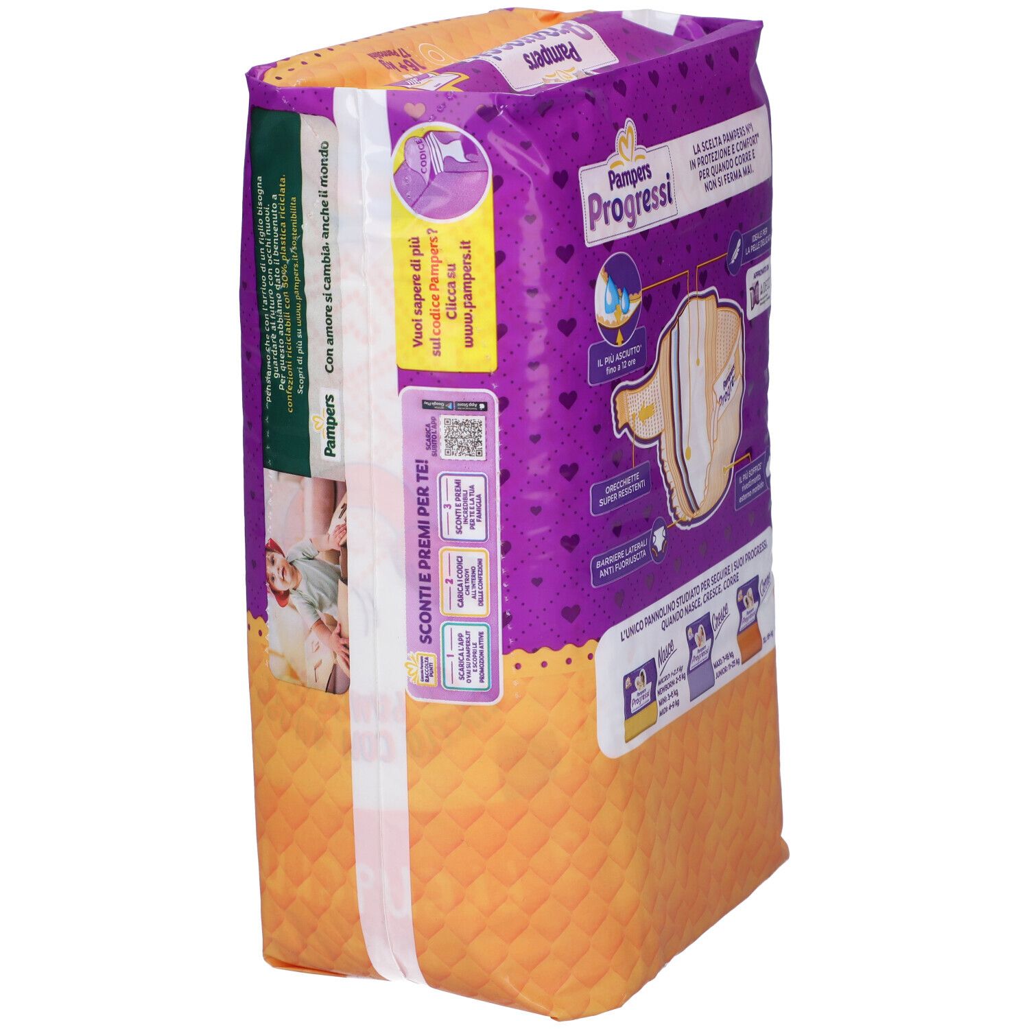 Pampers Progressi Windelpackung, Detailansicht. Informationen und QR-Code.