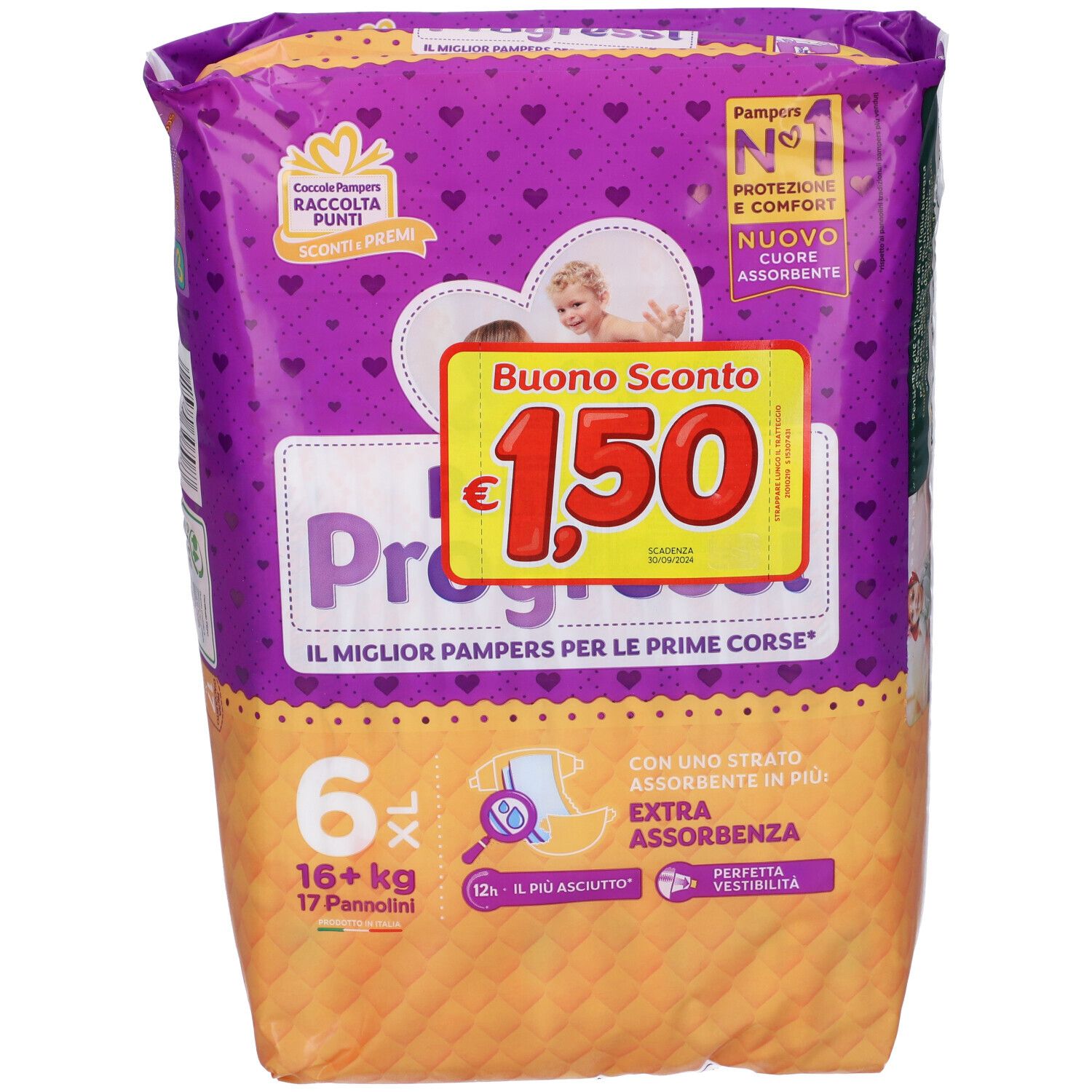 Pampers Progressi Windeln, Größe 6 XL, 16+ kg. Lila Verpackung mit Rabatt-Aufkleber.