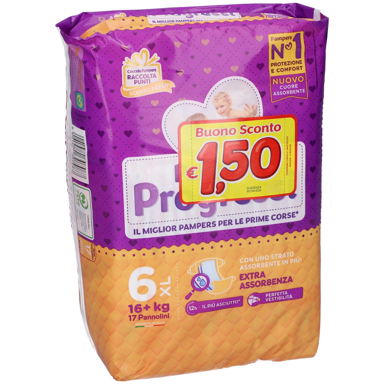 Pampers Progressi Windeln, Größe 6 XL, 16+ kg. Lila Verpackung mit Rabatt-Aufkleber.