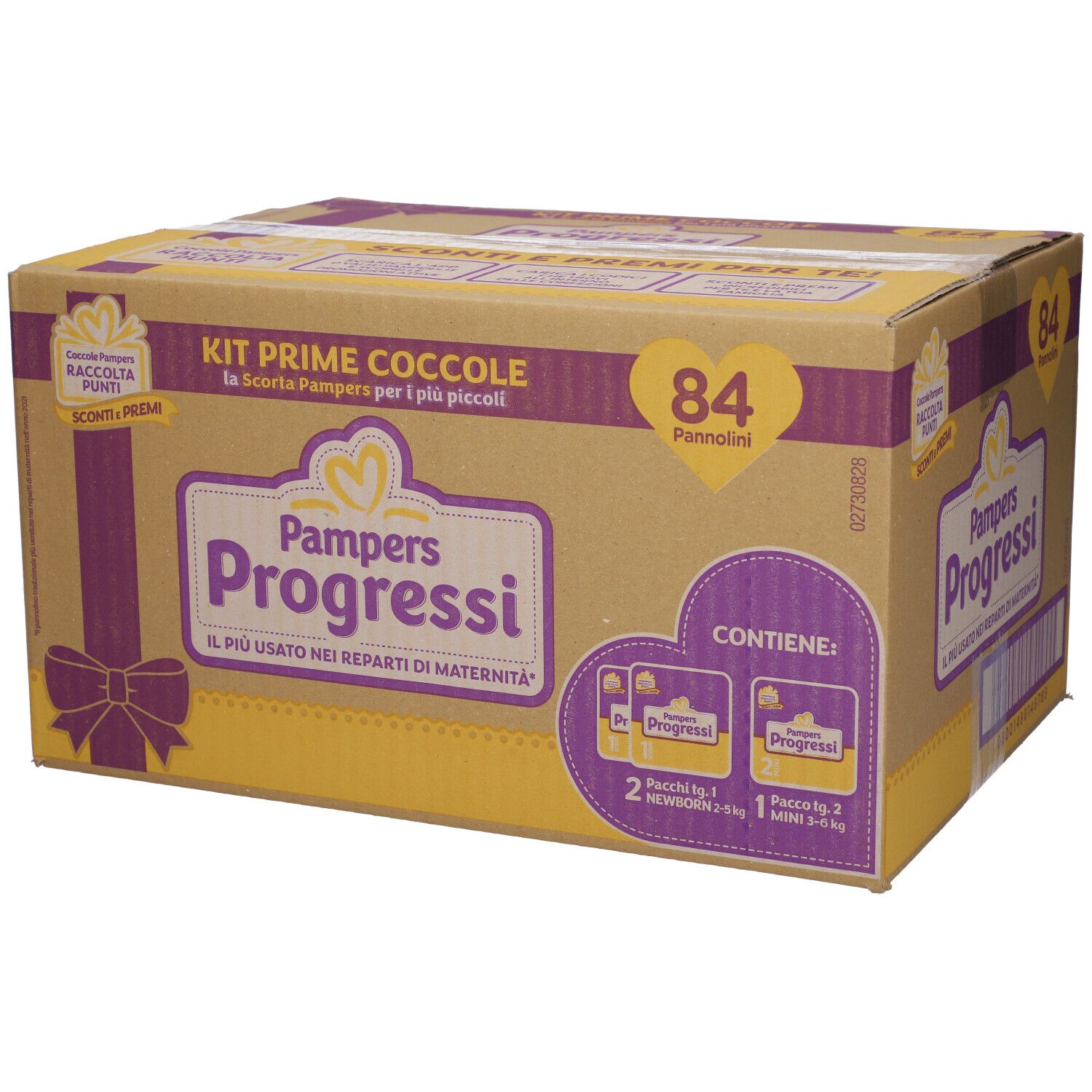 Scatola Pampers Progressi Kit Prime Coccole, 84 pannolini. Scritte in italiano.
