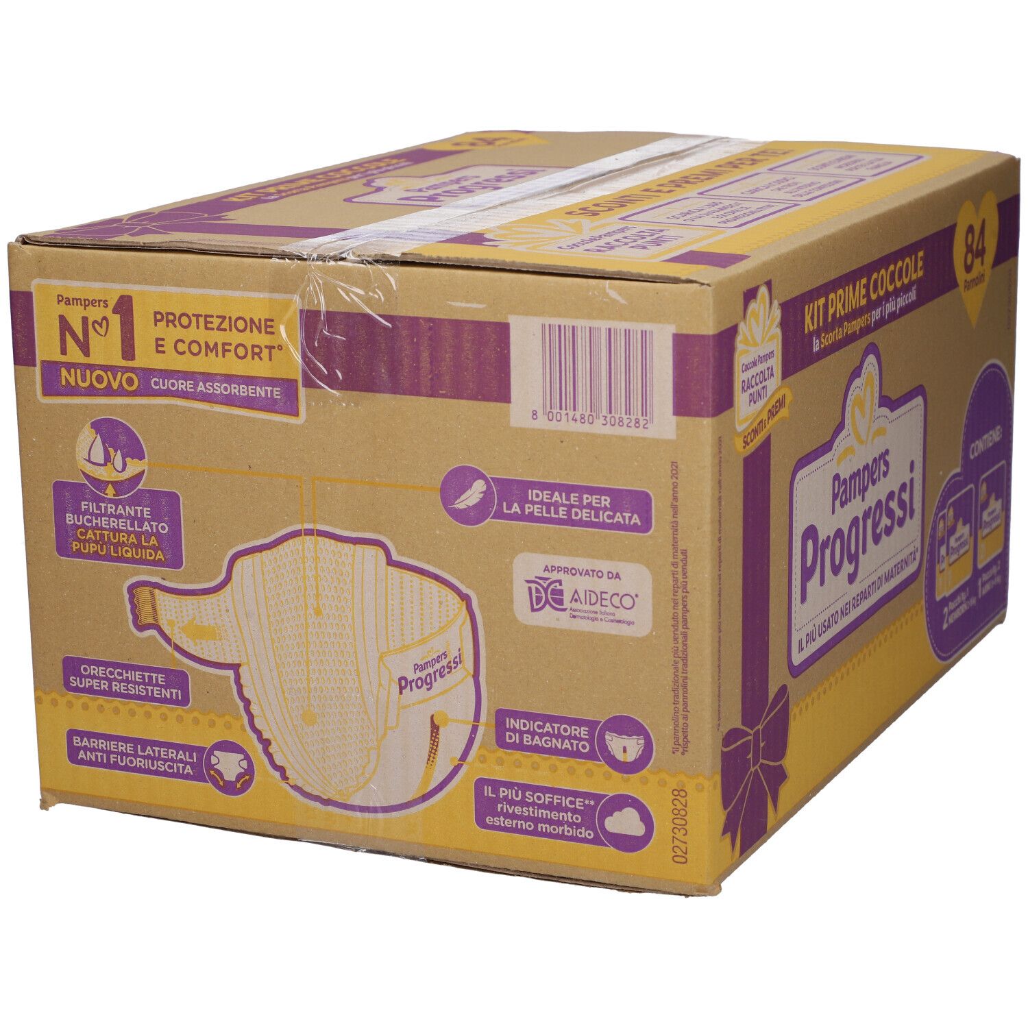 Scatola Pampers Progressi Kit Prime Coccole. Illustrazione di un pannolino. Testi in italiano.