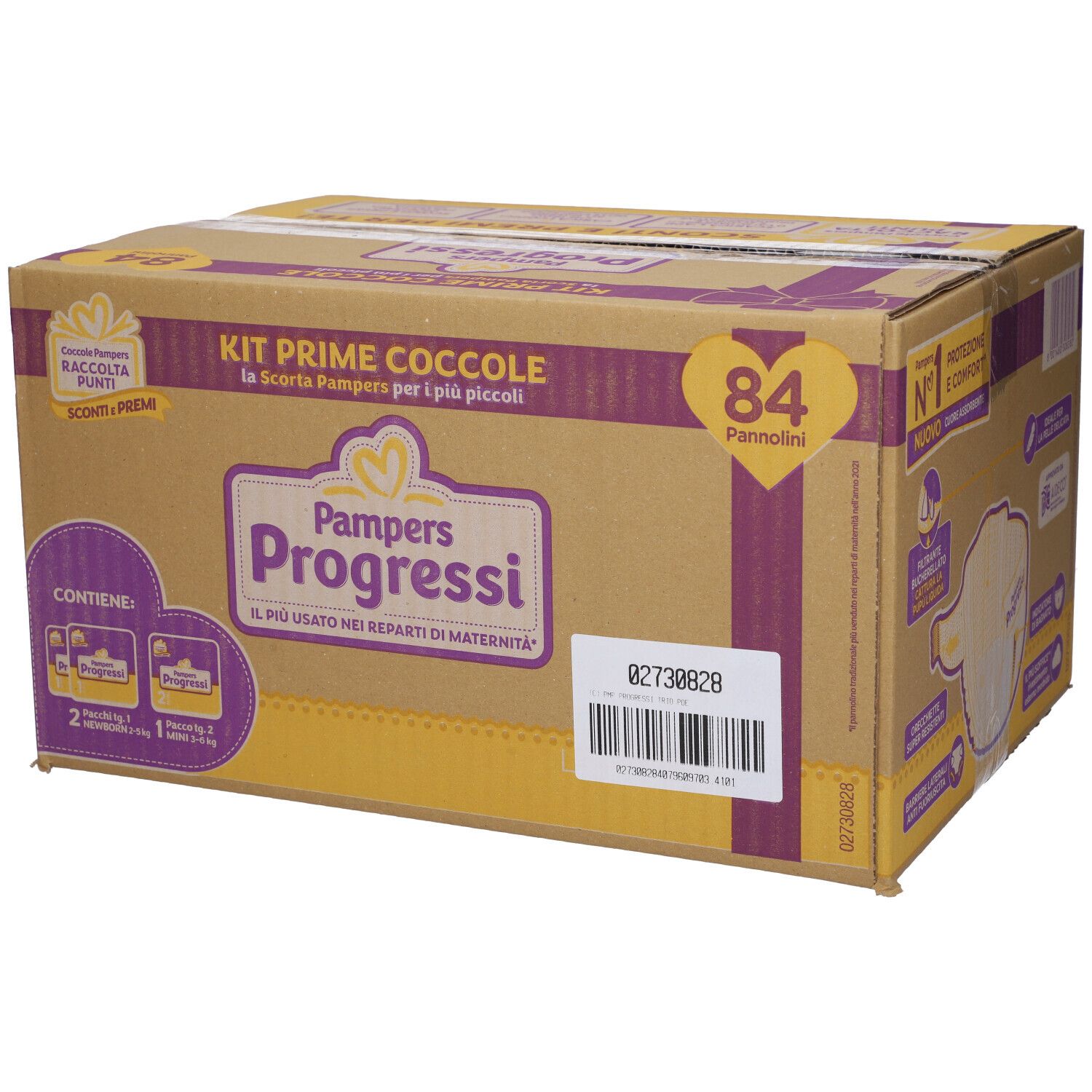 Scatola Pampers Progressi Kit Prime Coccole, 84 pannolini. Scritte in italiano.