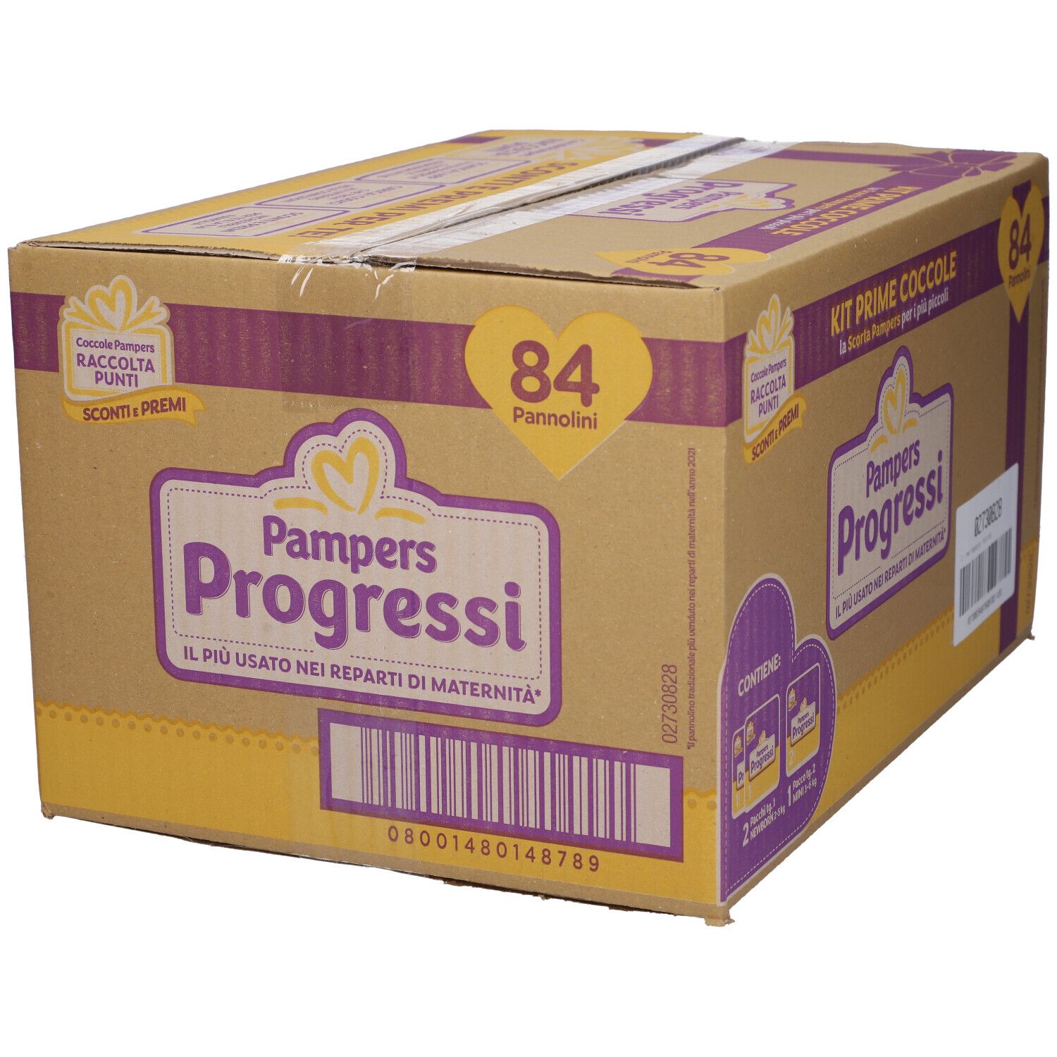 Scatola Pampers Progressi Kit Prime Coccole, 84 pannolini. Scritte in italiano.