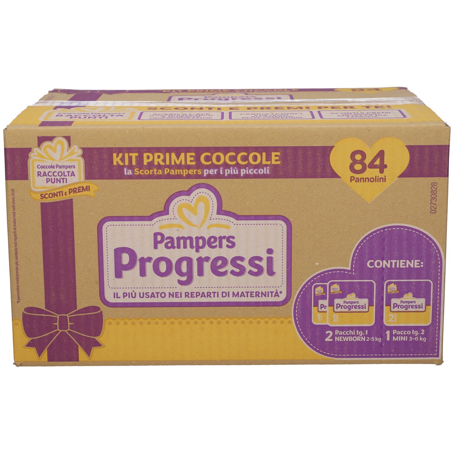 Scatola Pampers Progressi Kit Prime Coccole, 84 pannolini. Scritte in italiano.