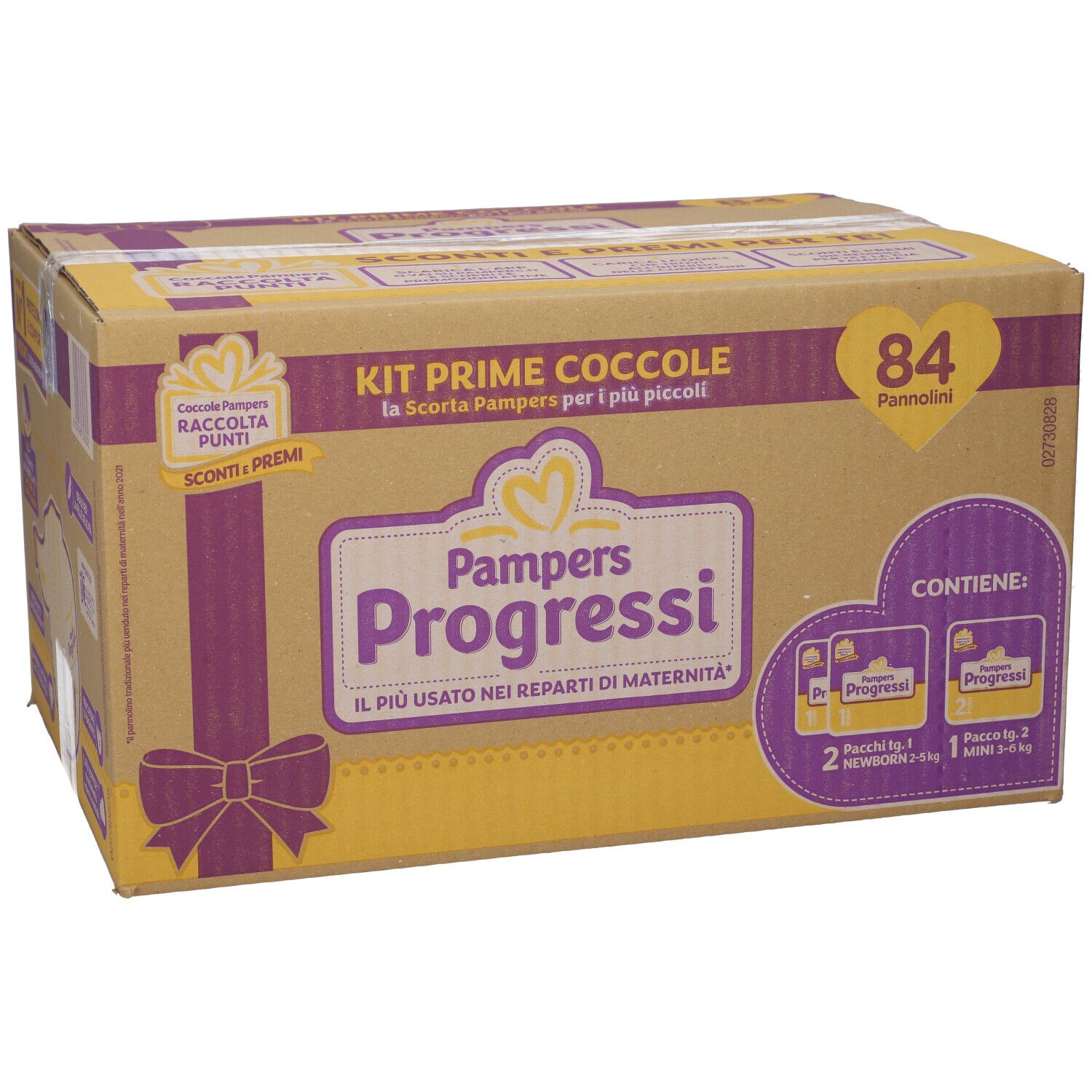 Scatola Pampers Progressi Kit Prime Coccole, 84 pannolini. Scritte in italiano.