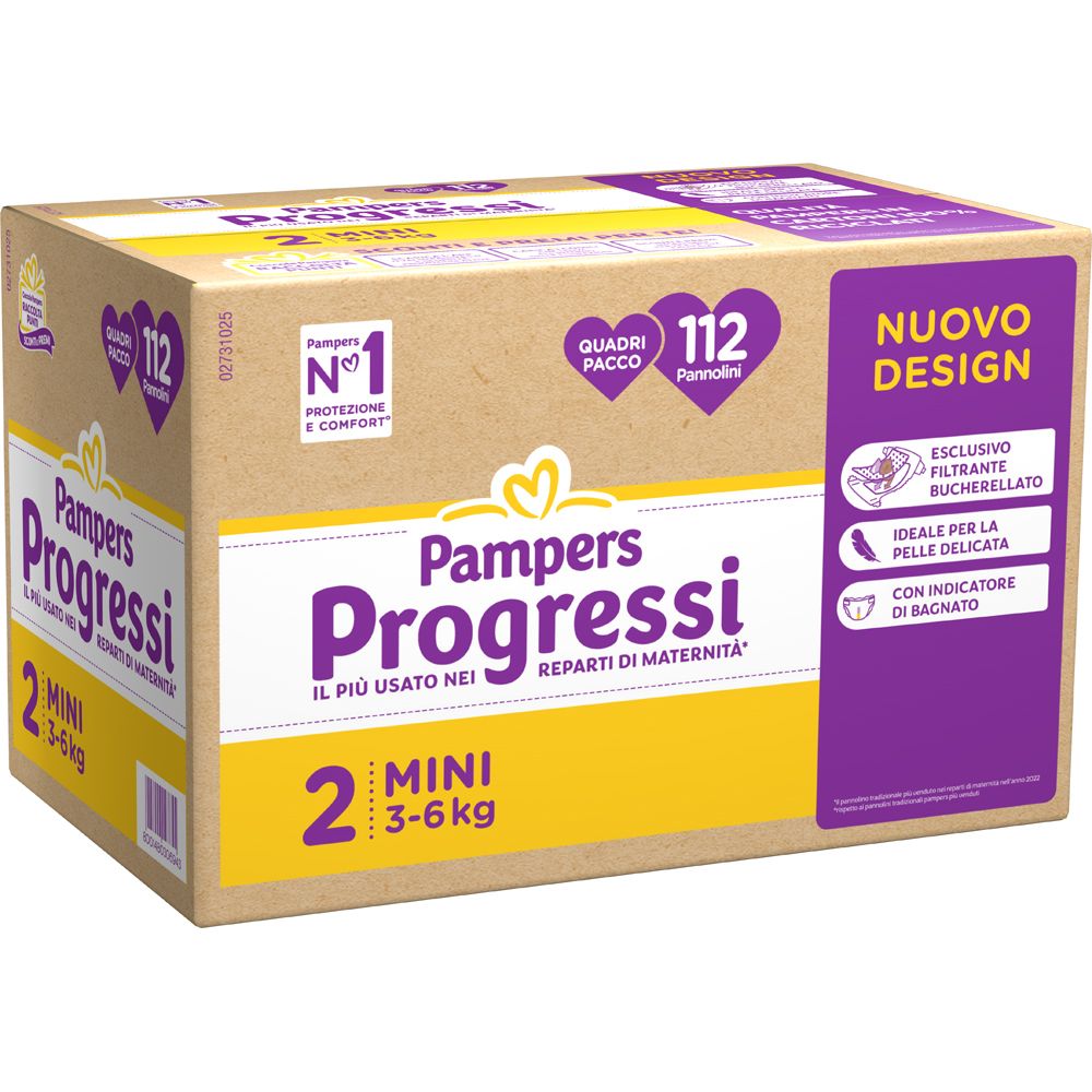 Karton mit Pampers Progressi Mini Windeln. 112 Stück, 3-6 kg. Aufdrucke: Nr. 1, Schutz & Komfort, exklusiver Filter.