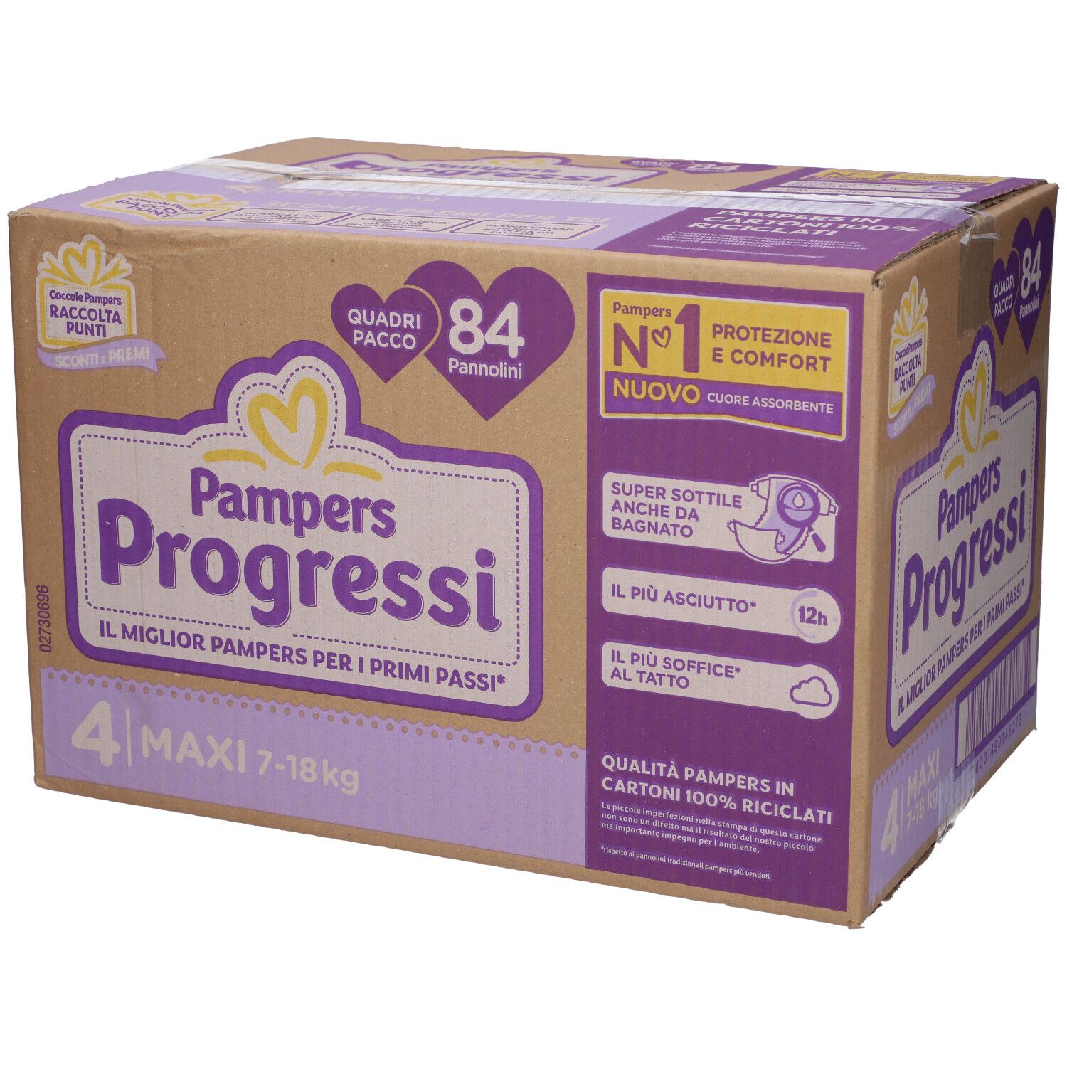 Scatola Pampers Progressi 4 Maxi, 84 pannolini. Confezione con informazioni e logo.