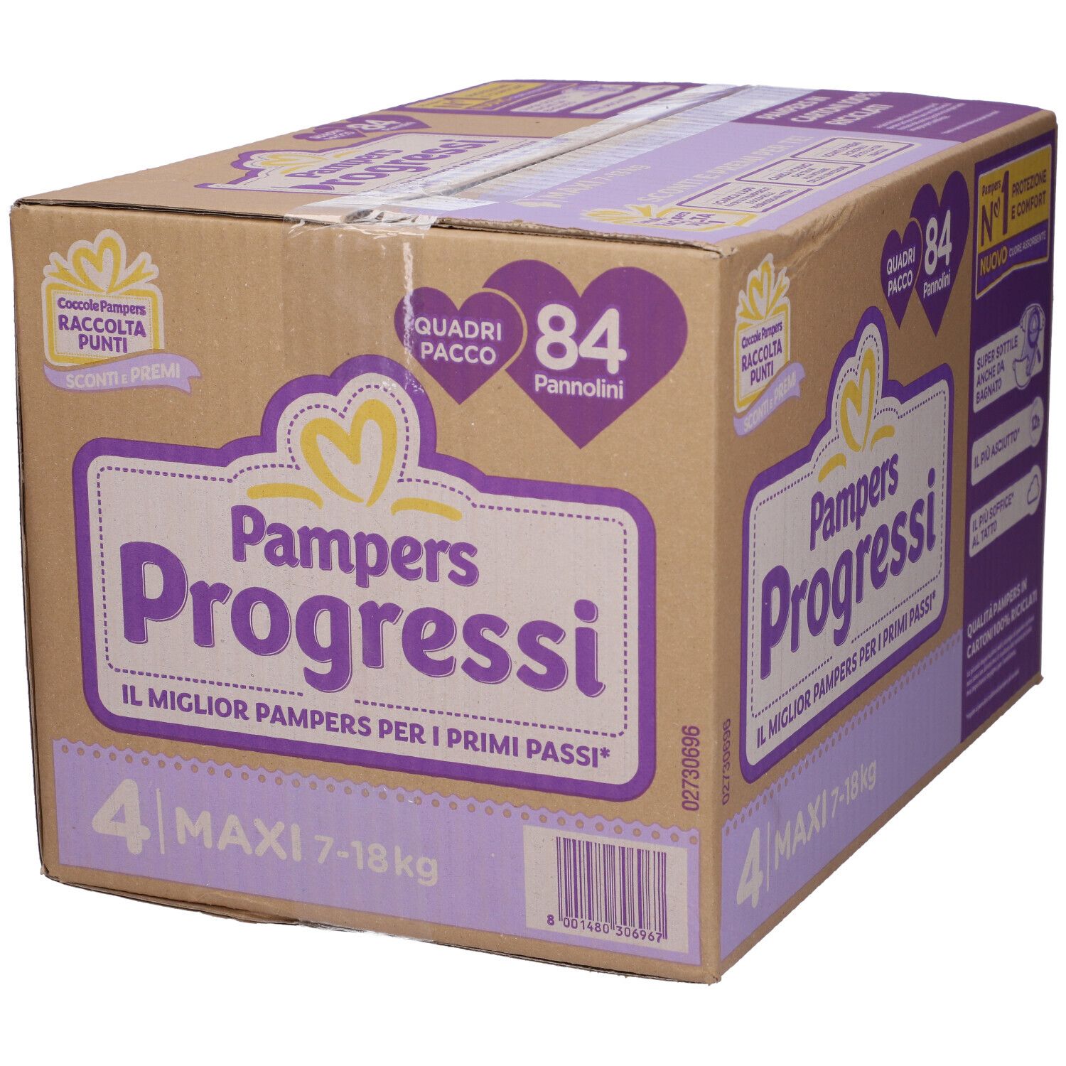 Scatola Pampers Progressi 4 Maxi, 84 pannolini. Confezione con informazioni e logo.