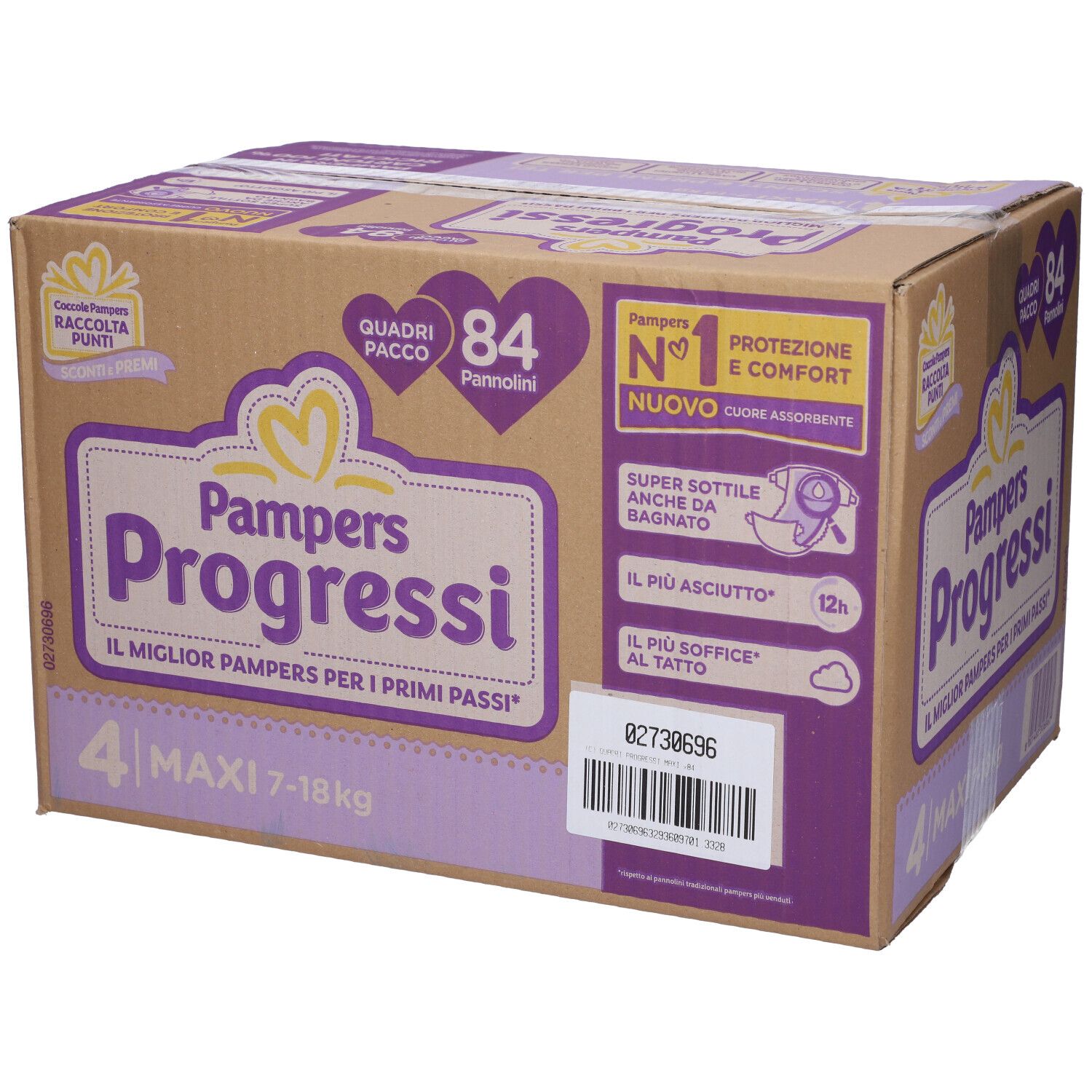 Scatola Pampers Progressi 4 Maxi, 84 pannolini. Confezione con informazioni e logo.