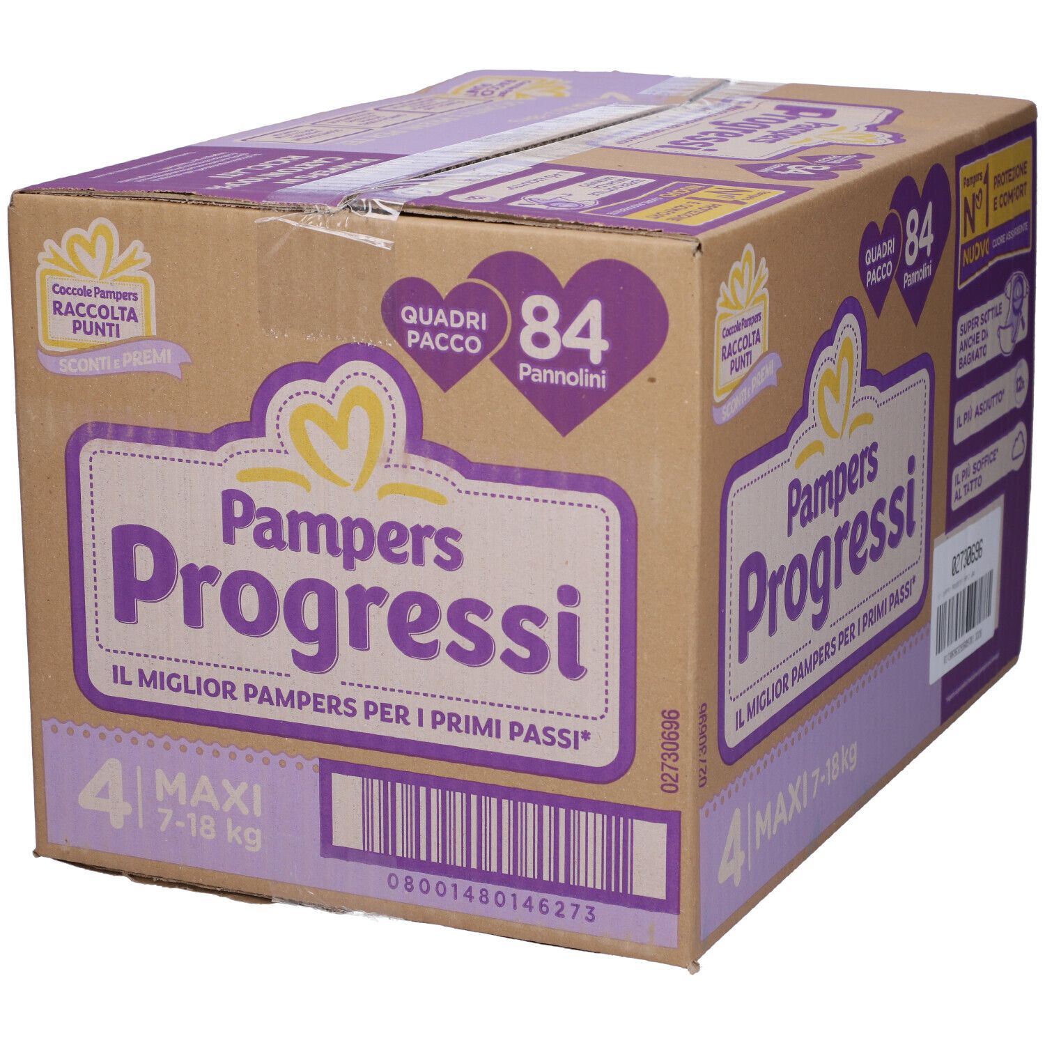 Scatola Pampers Progressi 4 Maxi, 84 pannolini. Confezione con informazioni e logo.
