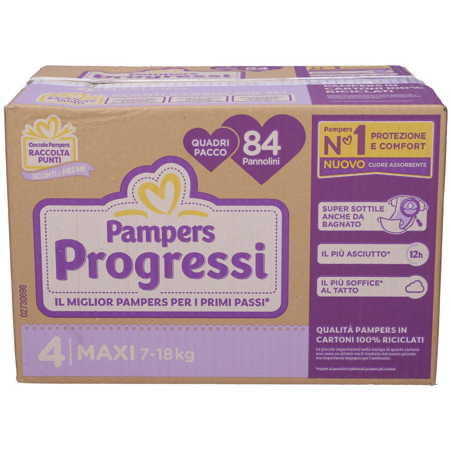 Scatola Pampers Progressi 4 Maxi, 84 pannolini. Confezione con informazioni e logo.