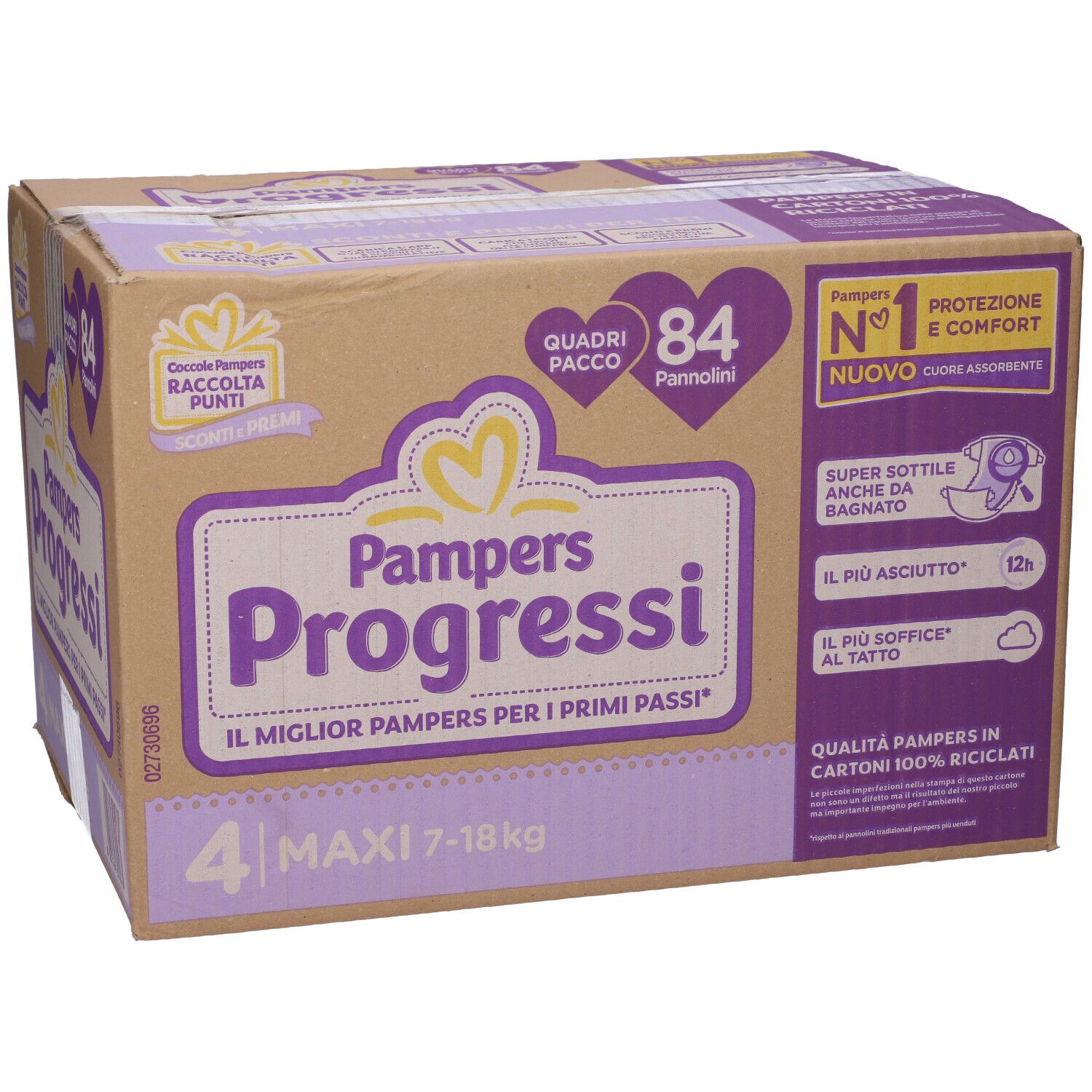 Scatola Pampers Progressi 4 Maxi, 84 pannolini. Confezione con informazioni e logo.