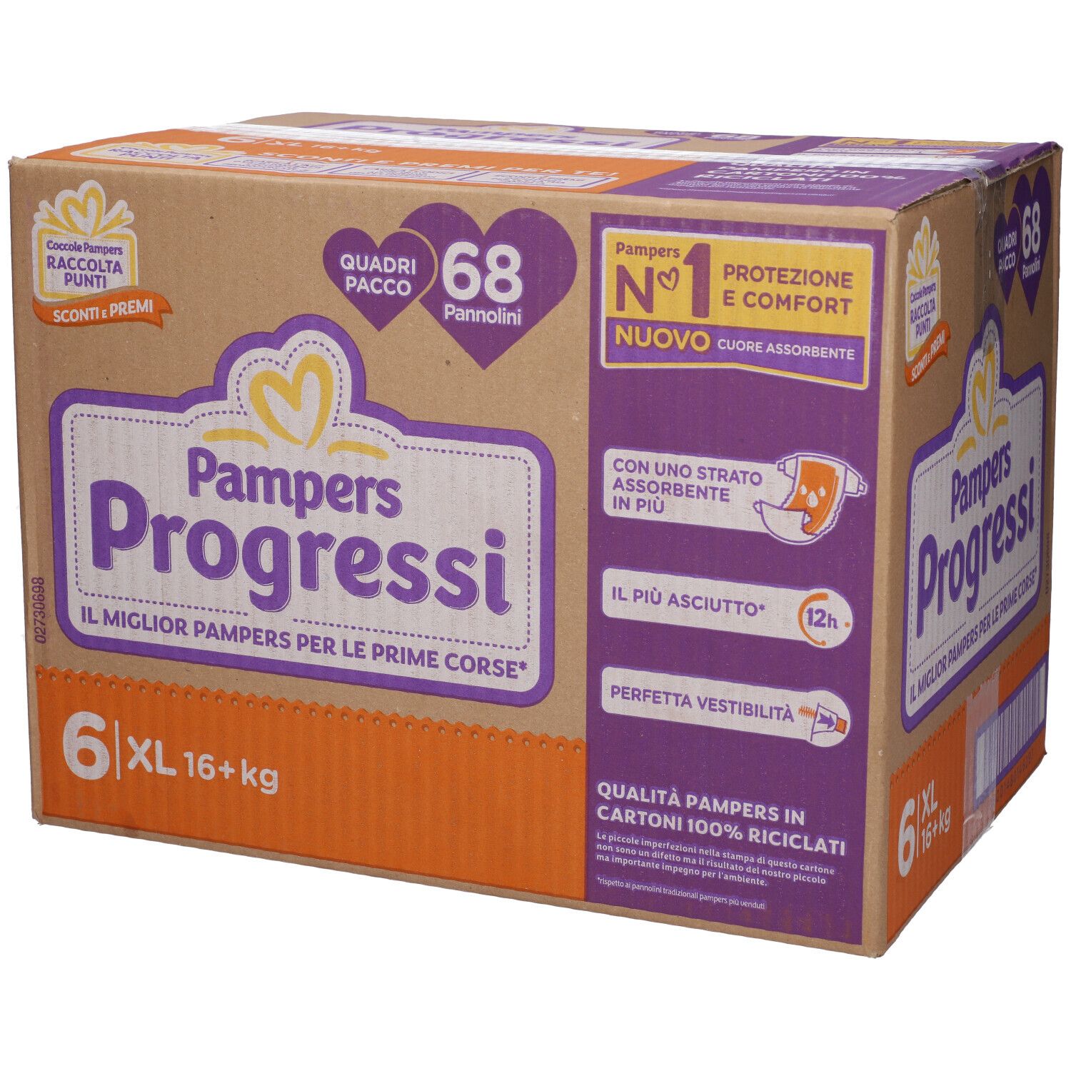 Scatola Pampers Progressi 6 XL, 68 pannolini. Confezione con informazioni sul prodotto e logo.