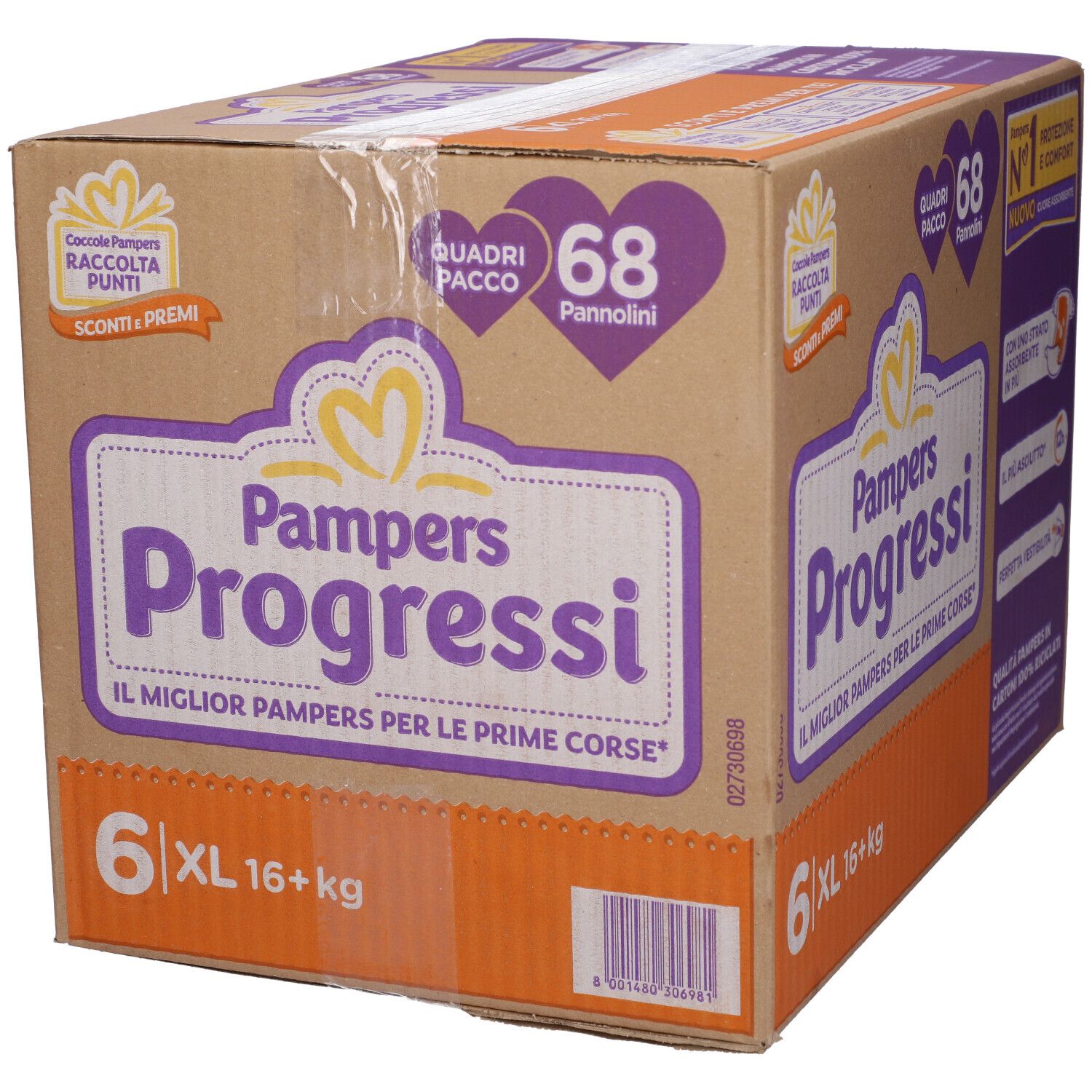 Scatola Pampers Progressi 6 XL, 68 pannolini. Confezione con informazioni sul prodotto e logo.