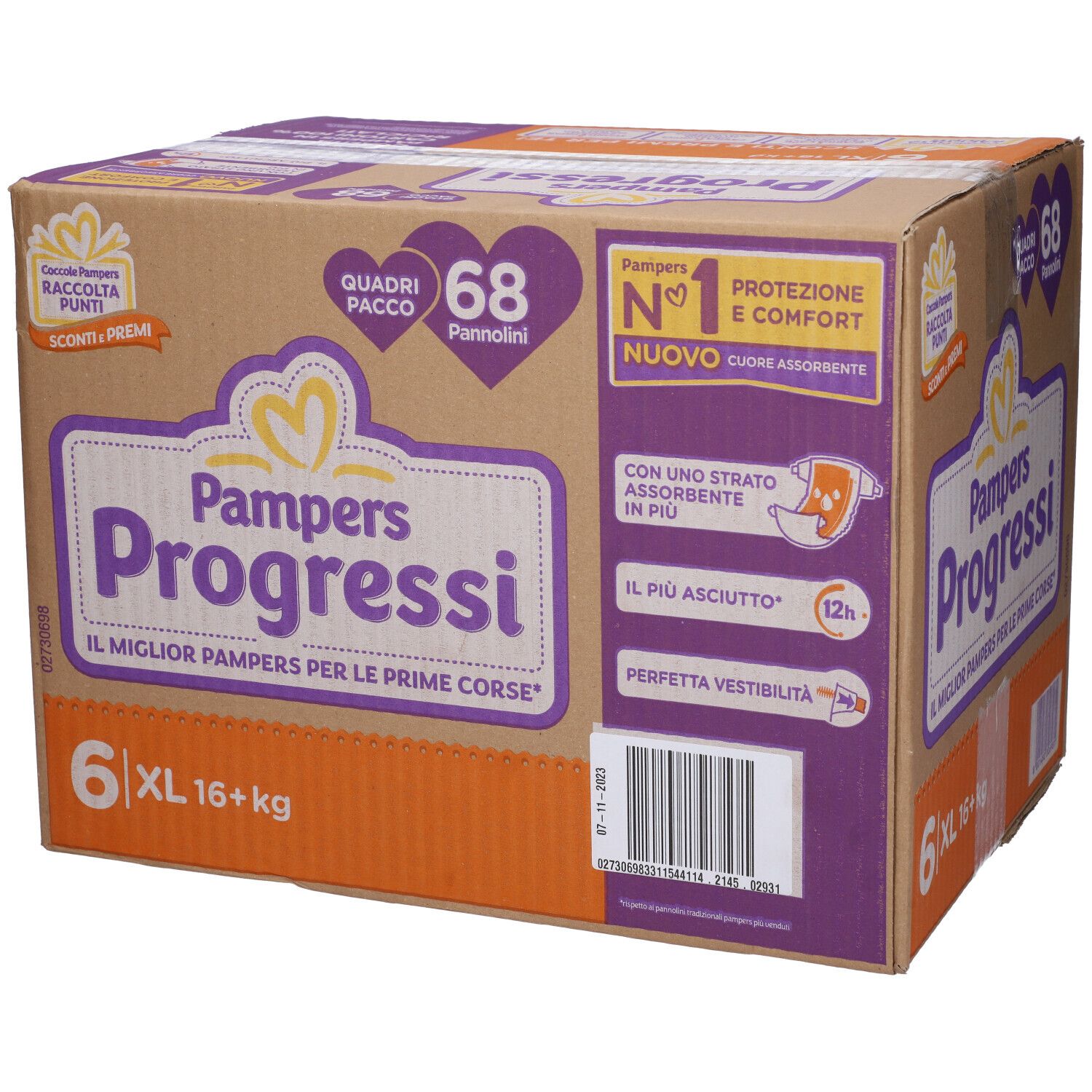 Scatola Pampers Progressi 6 XL, 68 pannolini. Confezione con informazioni sul prodotto e logo.