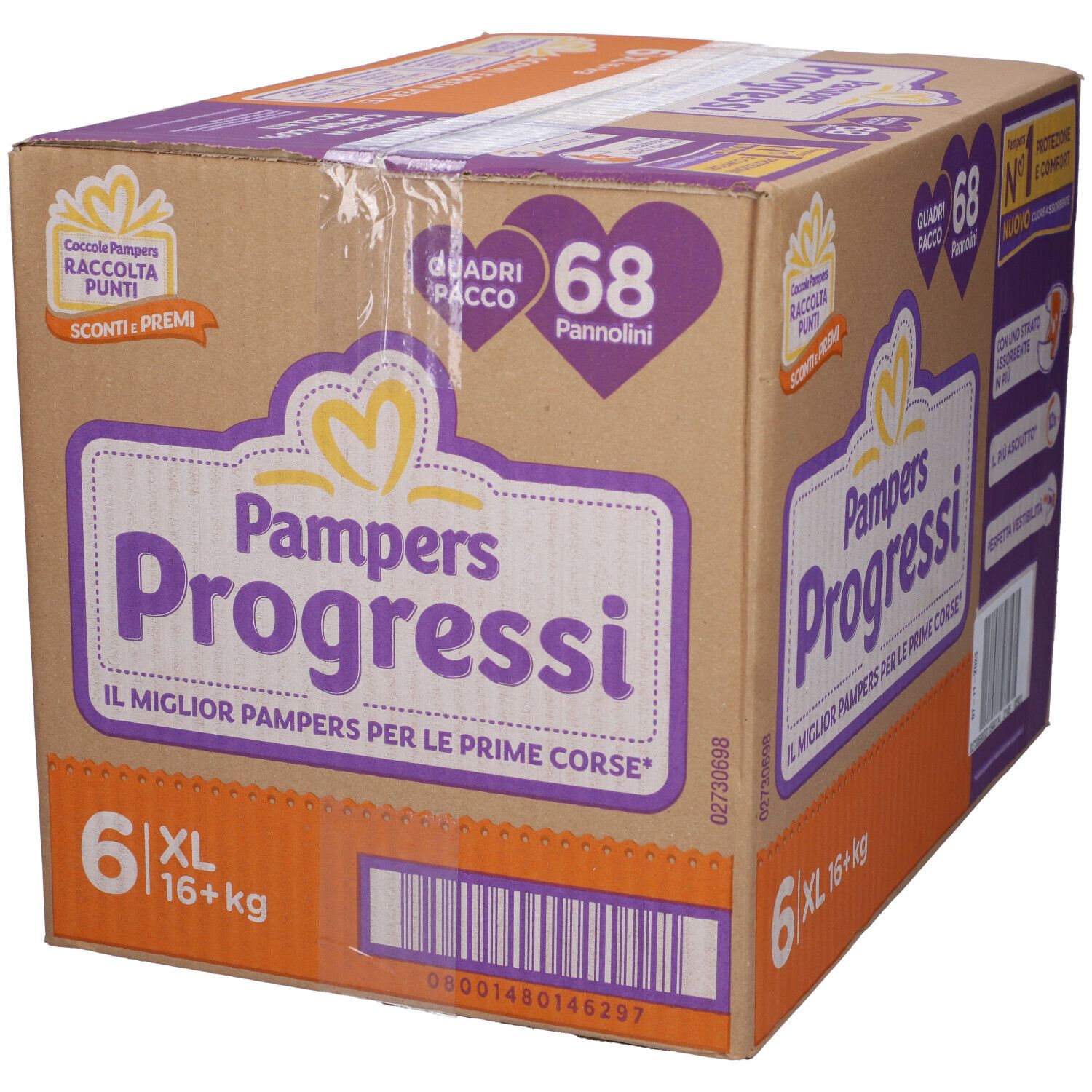 Scatola Pampers Progressi 6 XL, 68 pannolini. Confezione con informazioni sul prodotto e logo.