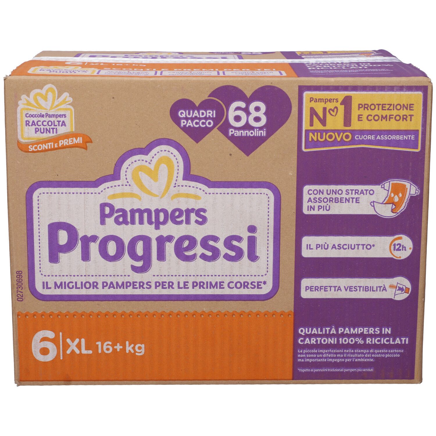 Scatola Pampers Progressi 6 XL, 68 pannolini. Confezione con informazioni sul prodotto e logo.
