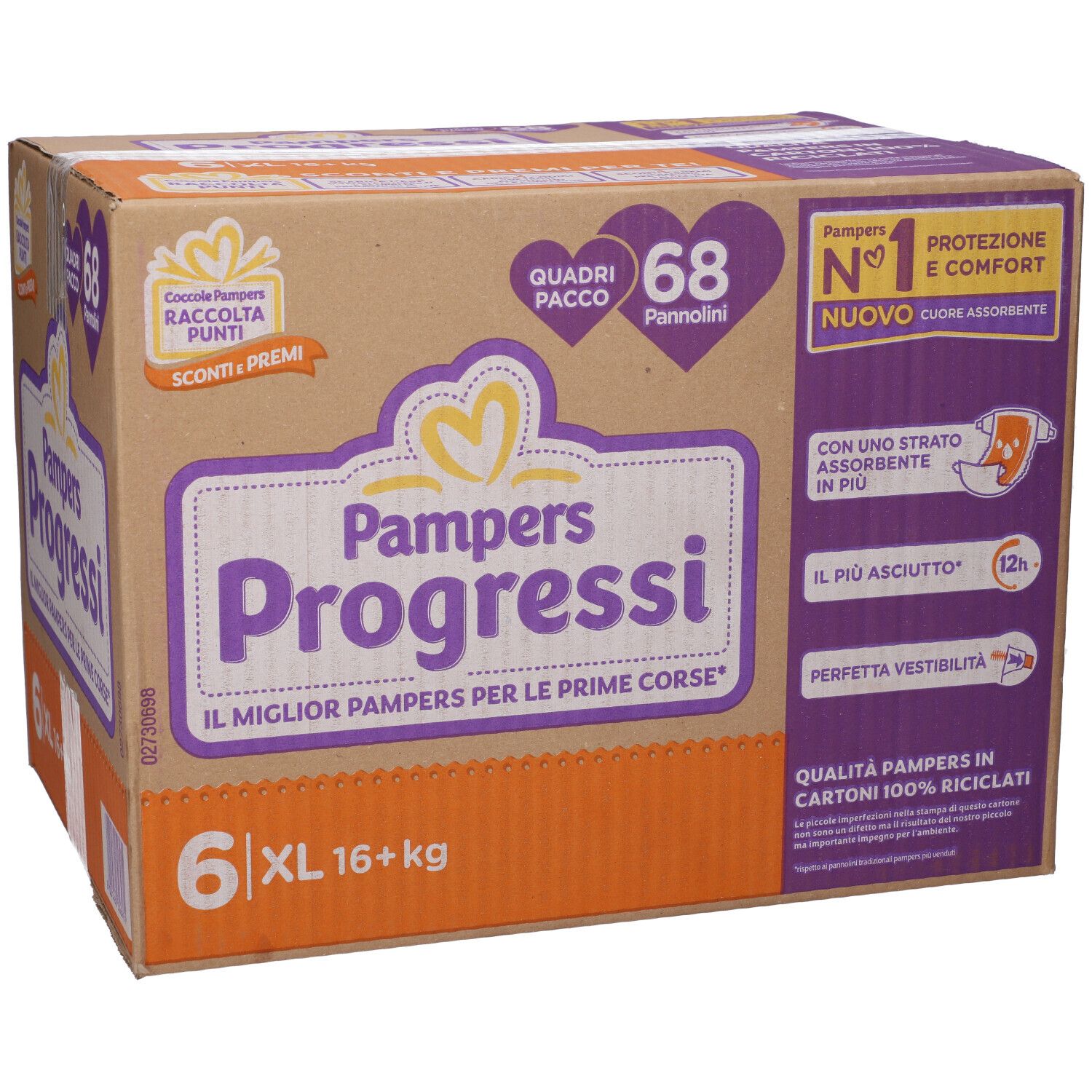 Scatola Pampers Progressi 6 XL, 68 pannolini. Confezione con informazioni sul prodotto e logo.