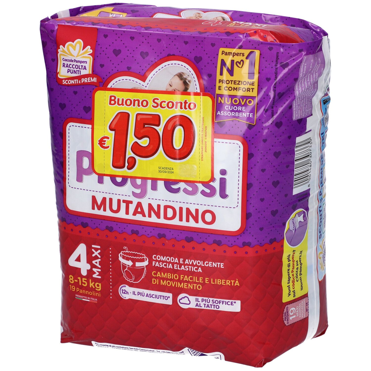 Verpackung Pampers Progressi Mutandino Maxi. Lila und rot. Enthält 19 Windelhosen. Mit Rabatt-Aufkleber.