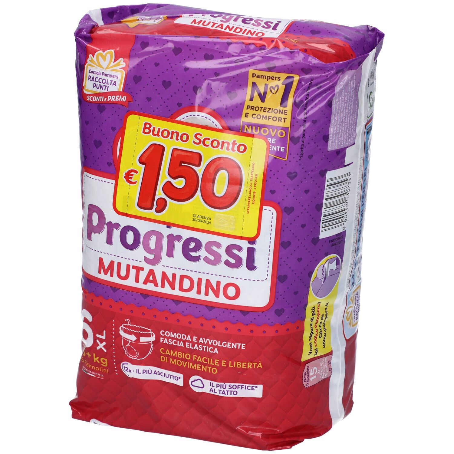 Confezione Pampers Progressi Mutandina XL. Confezione viola con informazioni sul prodotto e buono sconto.