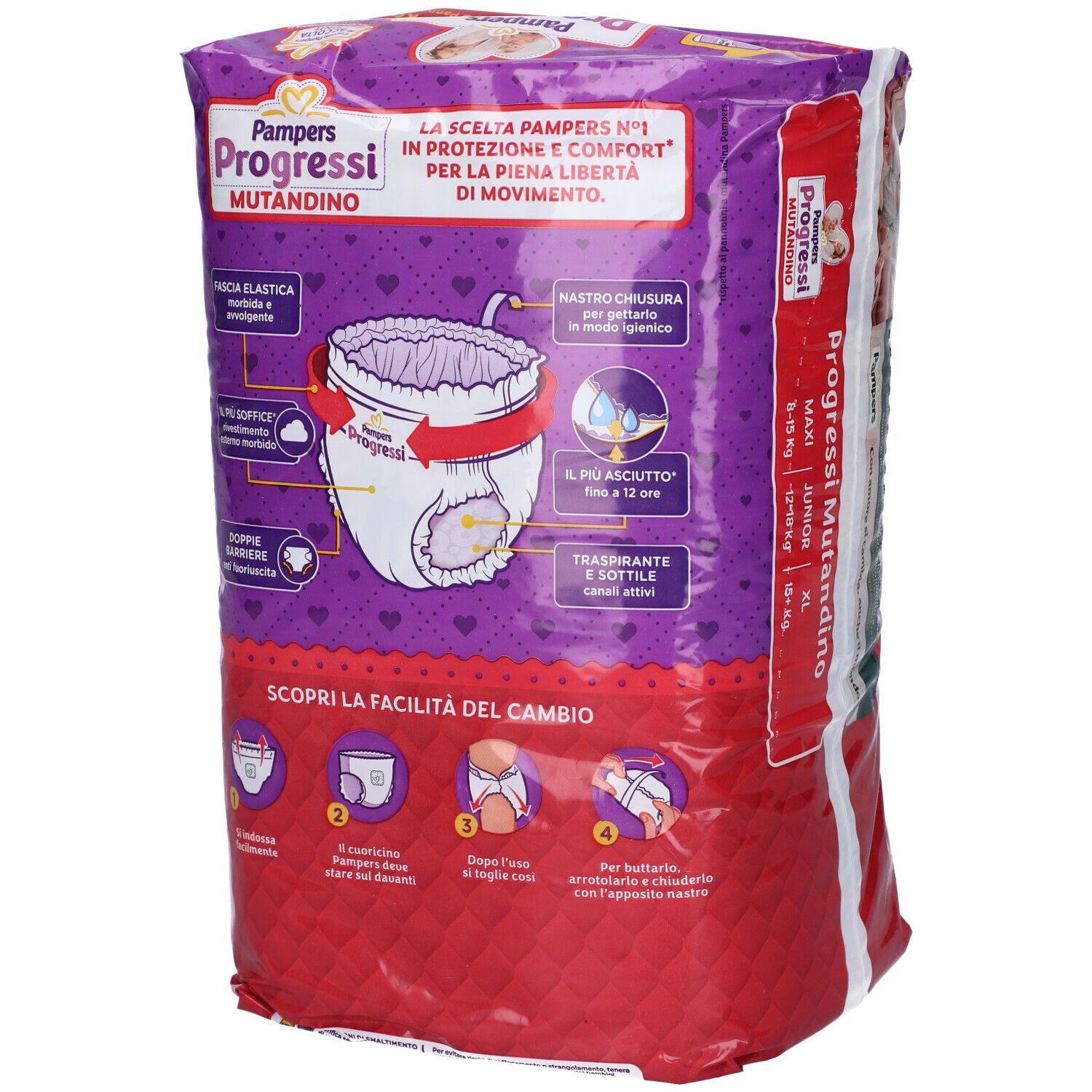 Retro confezione Pampers Progressi Mutandina XL. Caratteristiche del prodotto ed esempi di utilizzo.