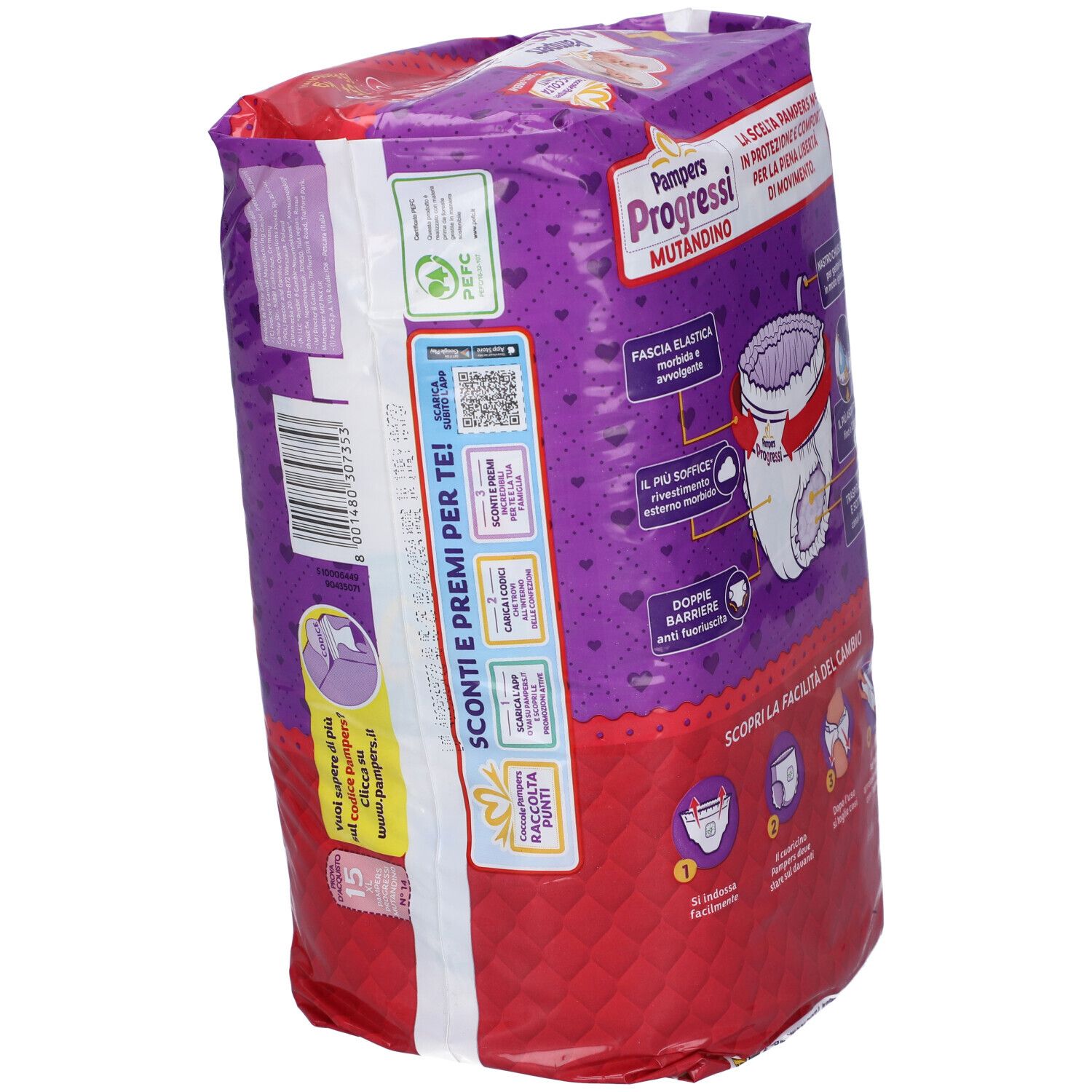 Retro confezione Pampers Progressi Mutandina XL. Caratteristiche del prodotto e codice QR.