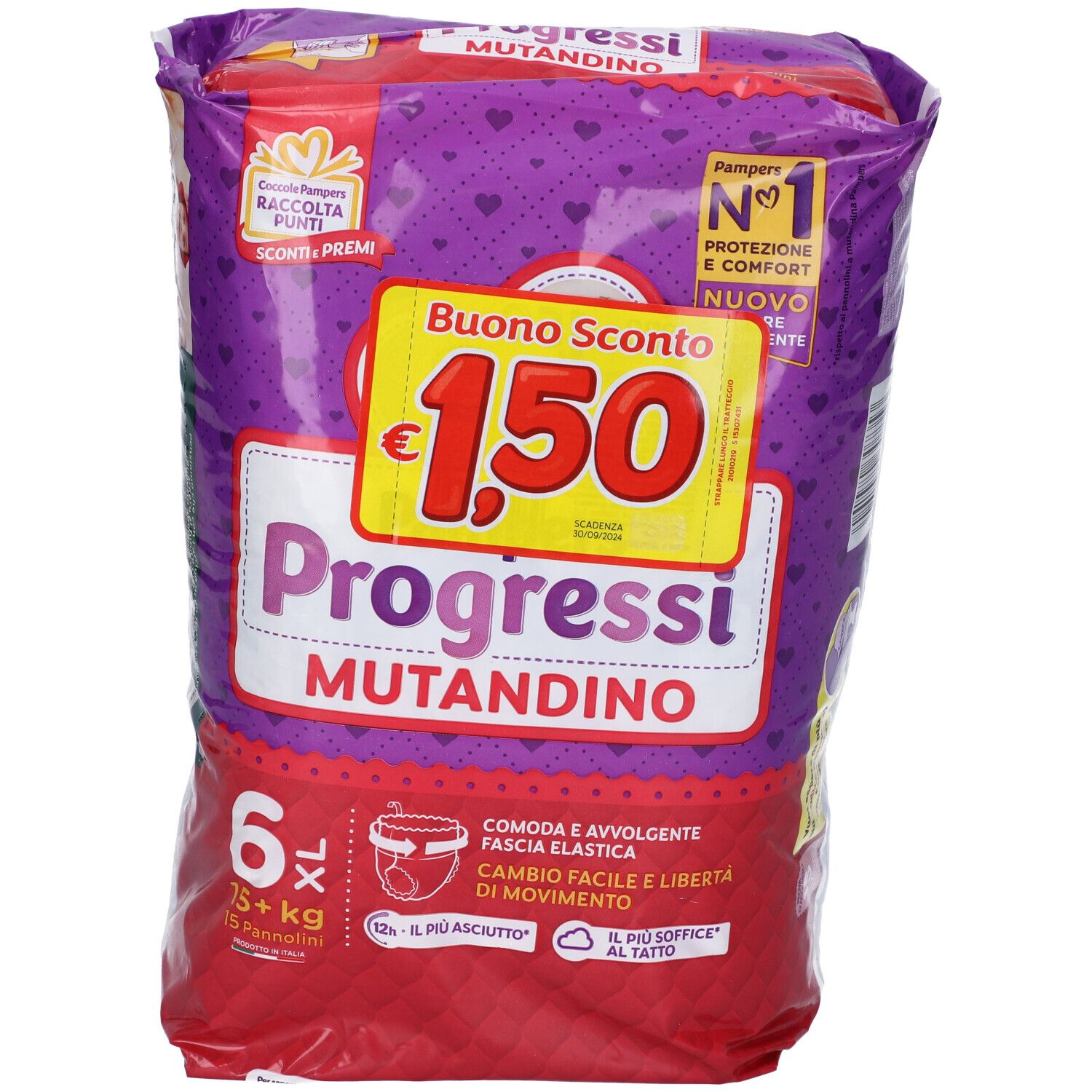 Confezione Pampers Progressi Mutandina XL. Confezione viola con informazioni sul prodotto e buono sconto.