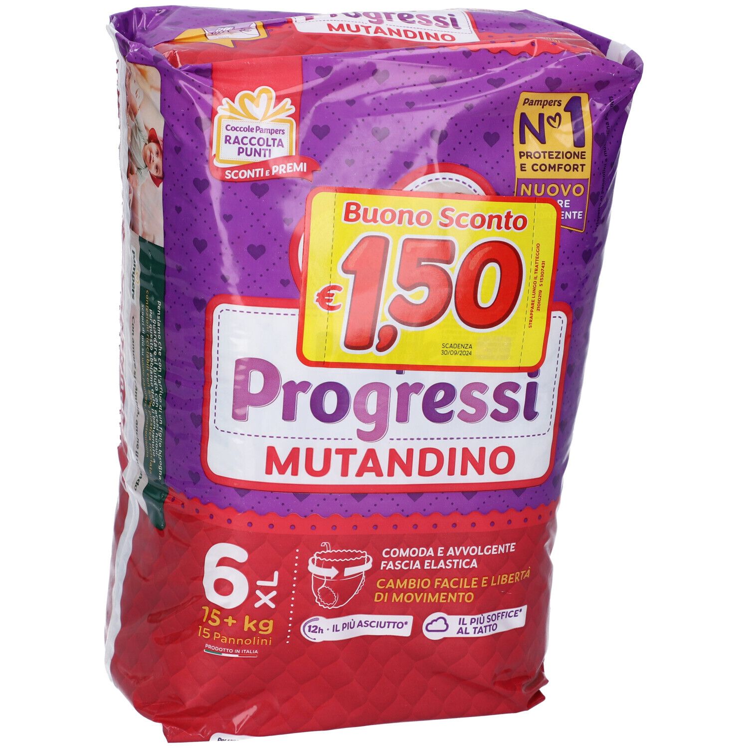 Confezione Pampers Progressi Mutandina XL. Confezione viola con informazioni sul prodotto e buono sconto.