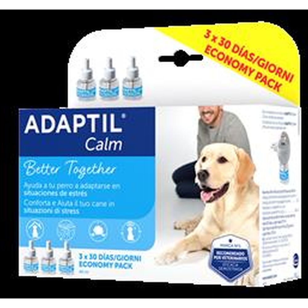 Confezione Adaptil Calm con tre ricariche. Scritta: Better Together. Immagine di un uomo e un cane.