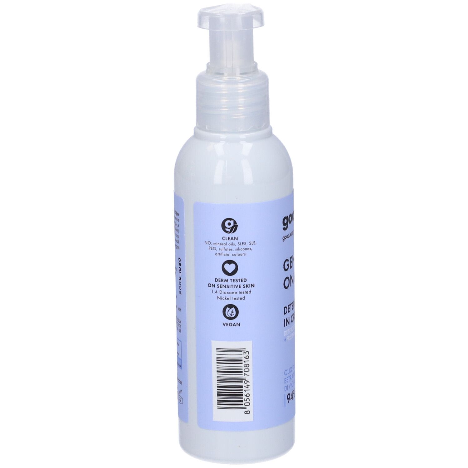 Weiße Pumpflasche mit blauem Etikett. Enthält Informationen wie 'Clean', 'Derm Tested' und 'Vegan'.