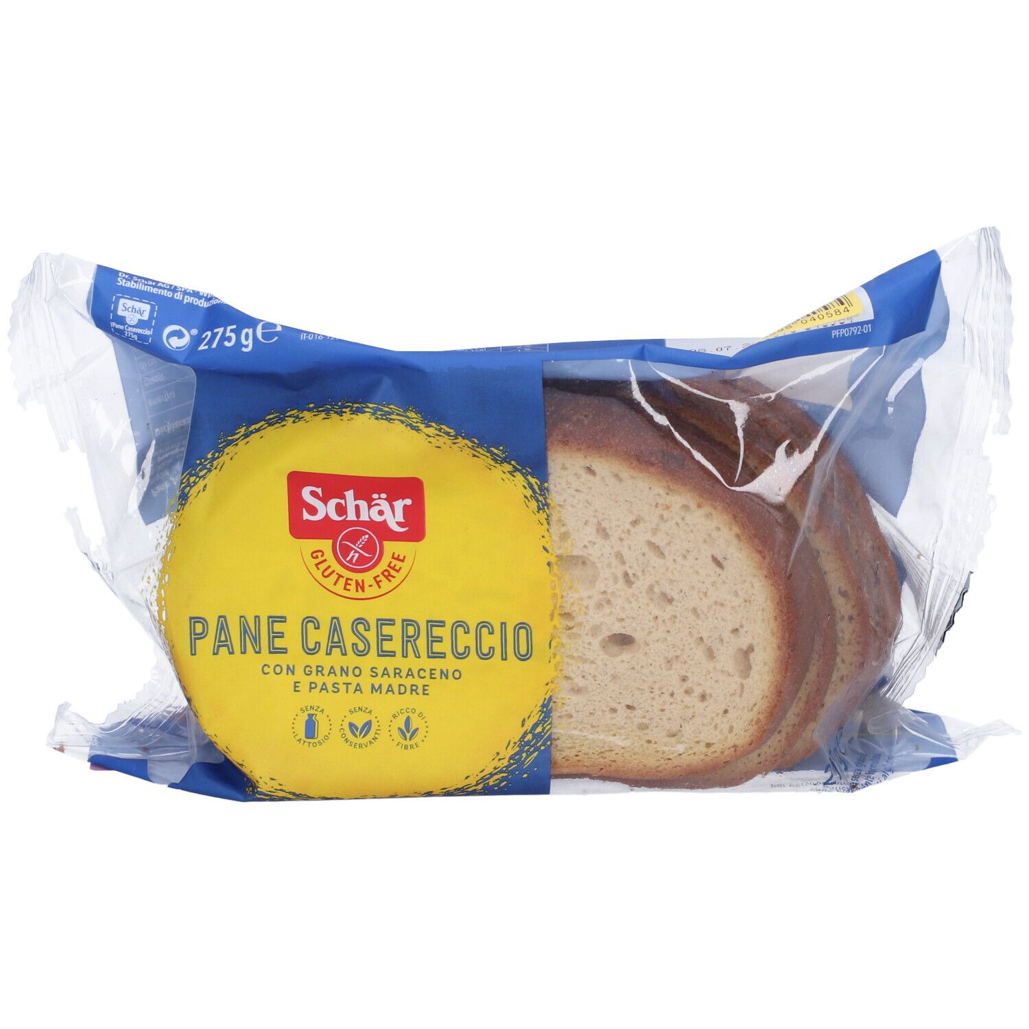 Pane parzialmente affettato in confezione gialla e blu. Scritta "Schar gluten-free Pane Casereccio".