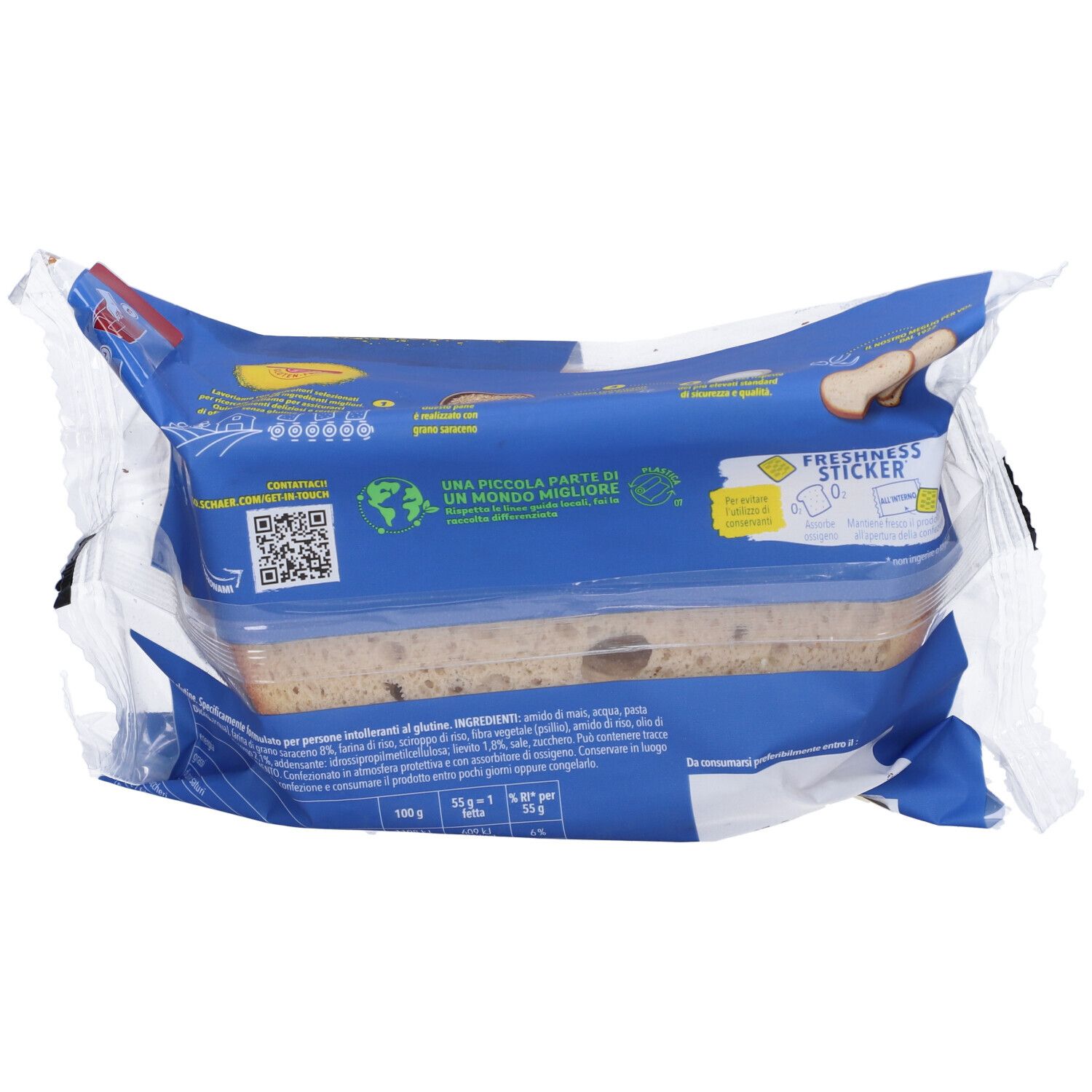 Retro di confezione di pane. Confezione blu con testo e "FRESHNESS STICKER".