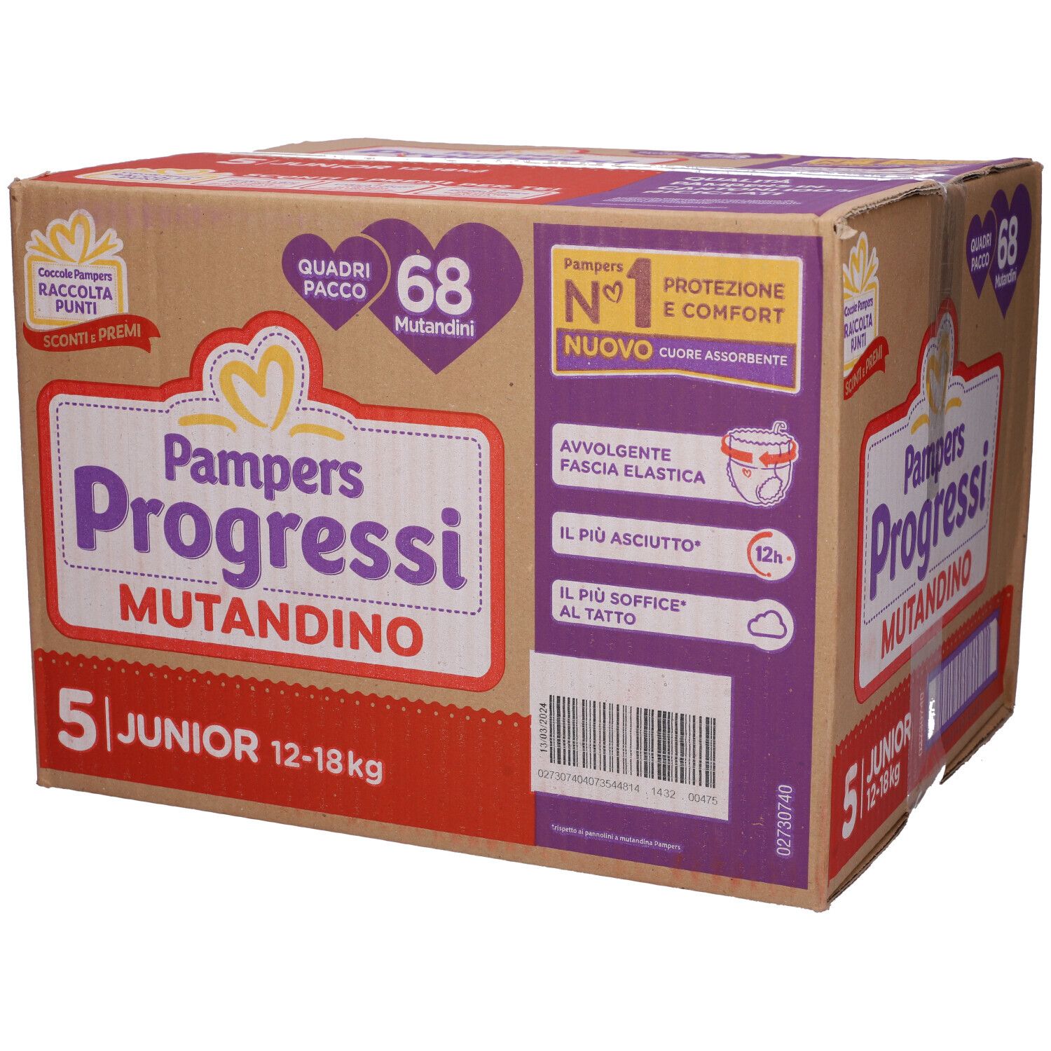 Confezione di Pampers Progressi Mutandino 5 Junior. Scritte: 68 mutandine, 12-18 kg. Marrone, viola e bianco.