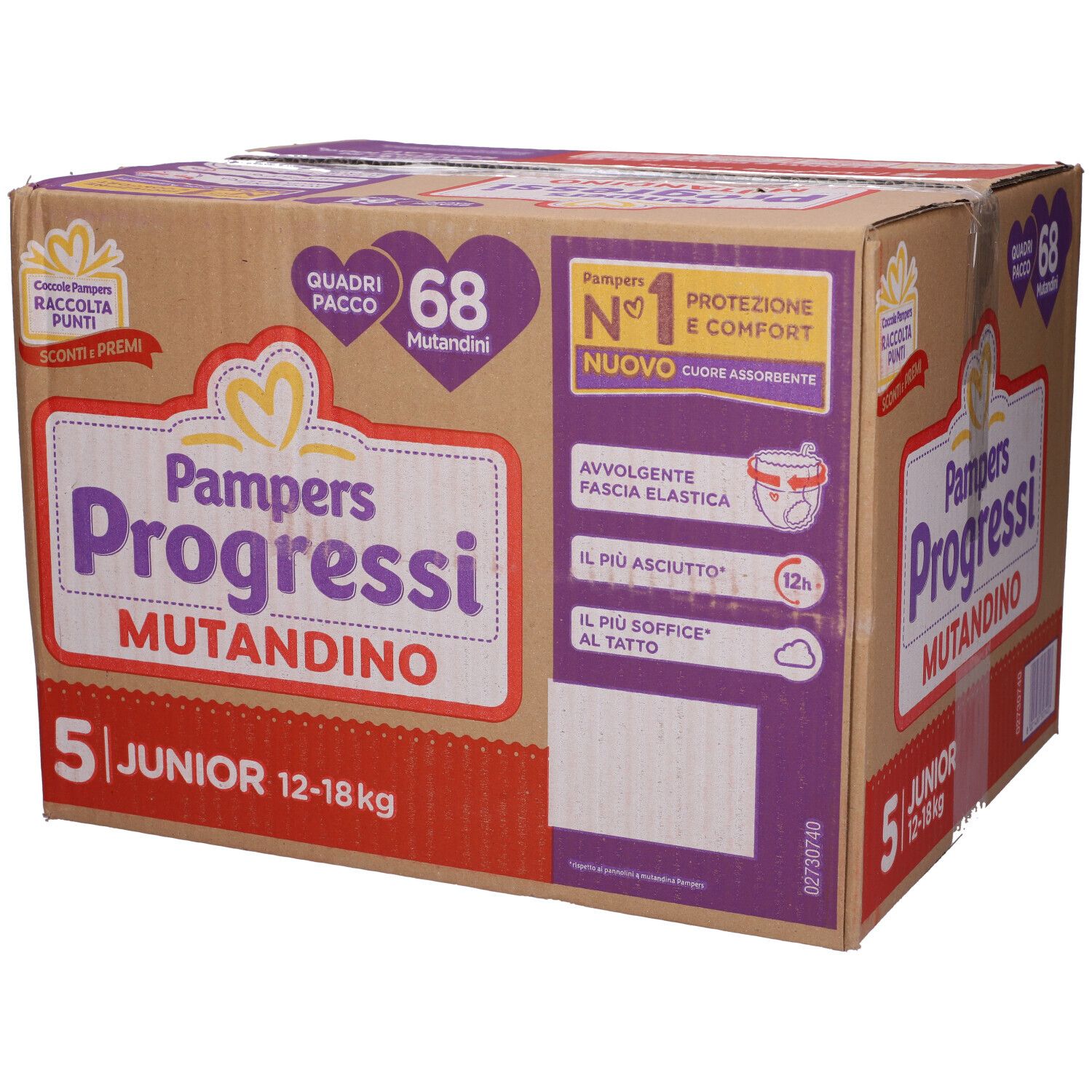 Confezione di Pampers Progressi Mutandino 5 Junior. Scritte: 68 mutandine, 12-18 kg. Marrone, viola e bianco.