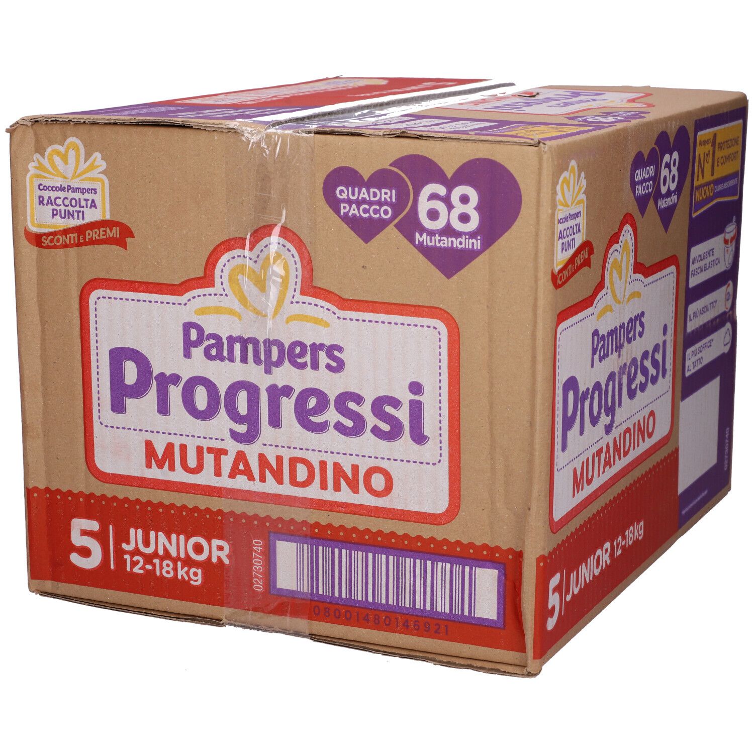 Confezione di Pampers Progressi Mutandino 5 Junior. Scritte: 68 mutandine, 12-18 kg. Marrone, viola e bianco.