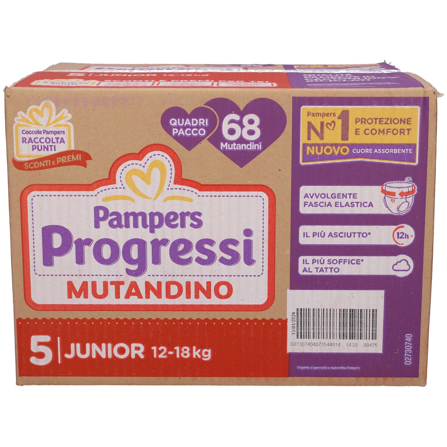 Confezione di Pampers Progressi Mutandino 5 Junior. Scritte: 68 mutandine, 12-18 kg. Marrone, viola e bianco.