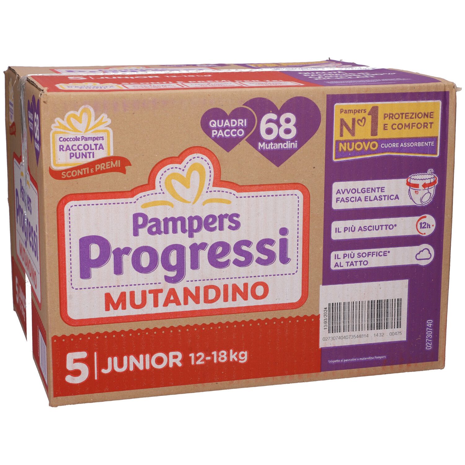 Confezione di Pampers Progressi Mutandino 5 Junior. Scritte: 68 mutandine, 12-18 kg. Marrone, viola e bianco.