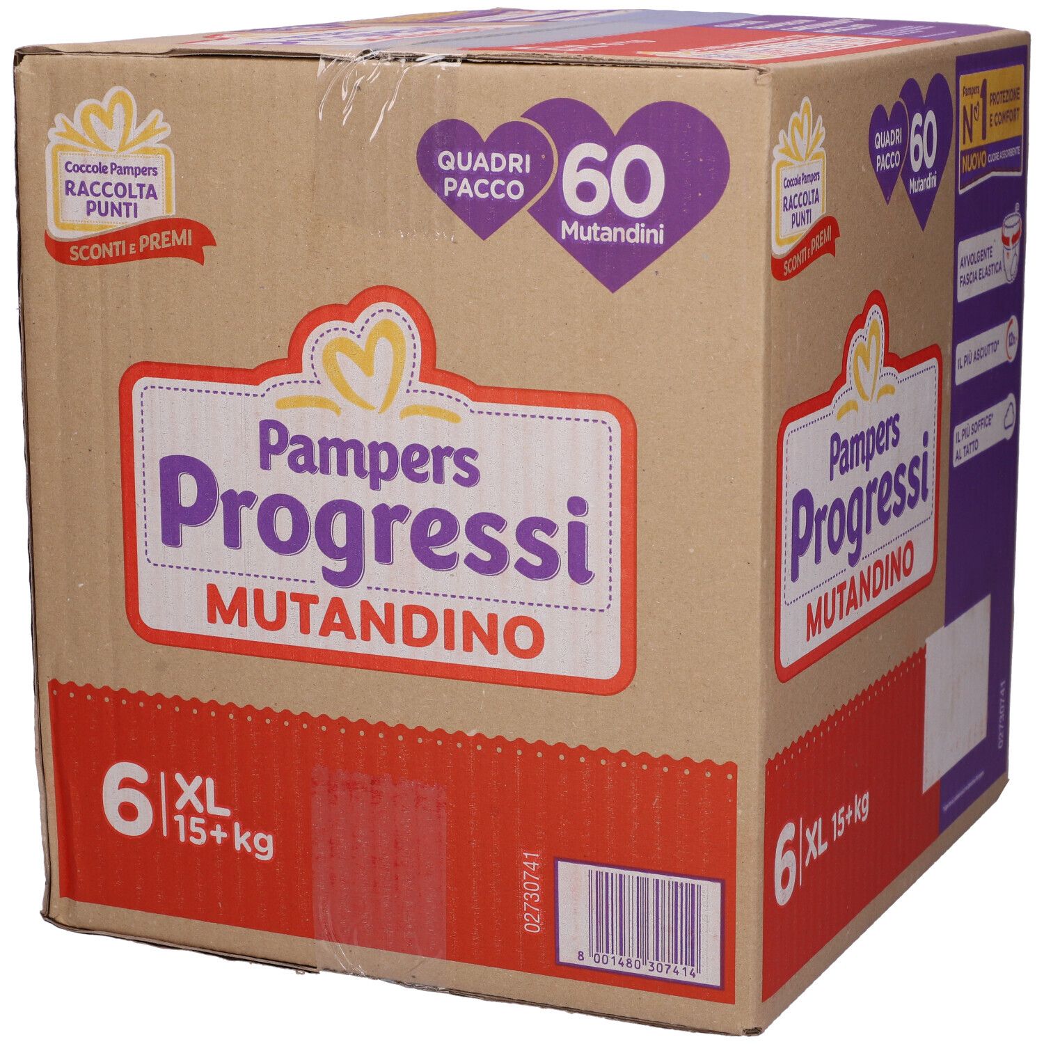 Scatola Pampers Progressi Mutandino 6 XL. 60 mutandini. Taglia XL, 15+ kg. Confezione con logo e informazioni sul prodotto.