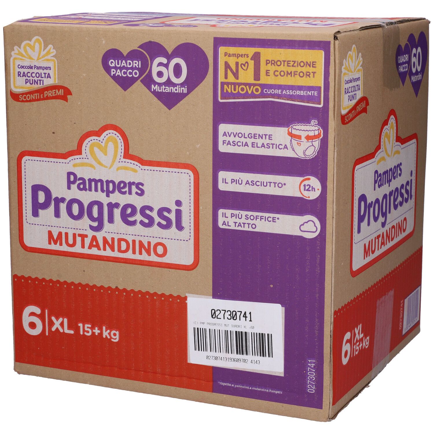 Scatola Pampers Progressi Mutandino 6 XL. 60 mutandini. Taglia XL, 15+ kg. Confezione con logo e informazioni sul prodotto.