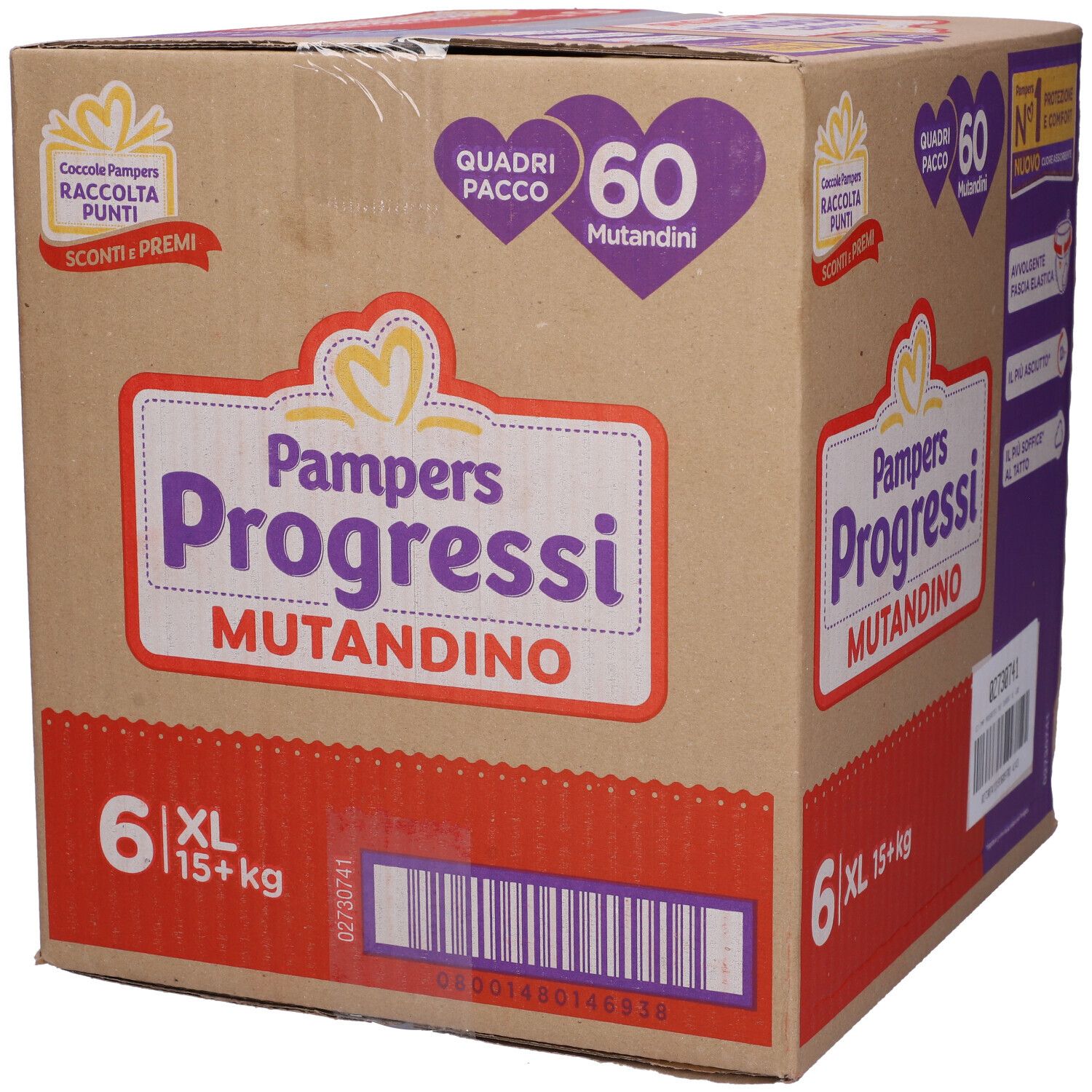 Scatola Pampers Progressi Mutandino 6 XL. 60 mutandini. Taglia XL, 15+ kg. Confezione con logo e informazioni sul prodotto.