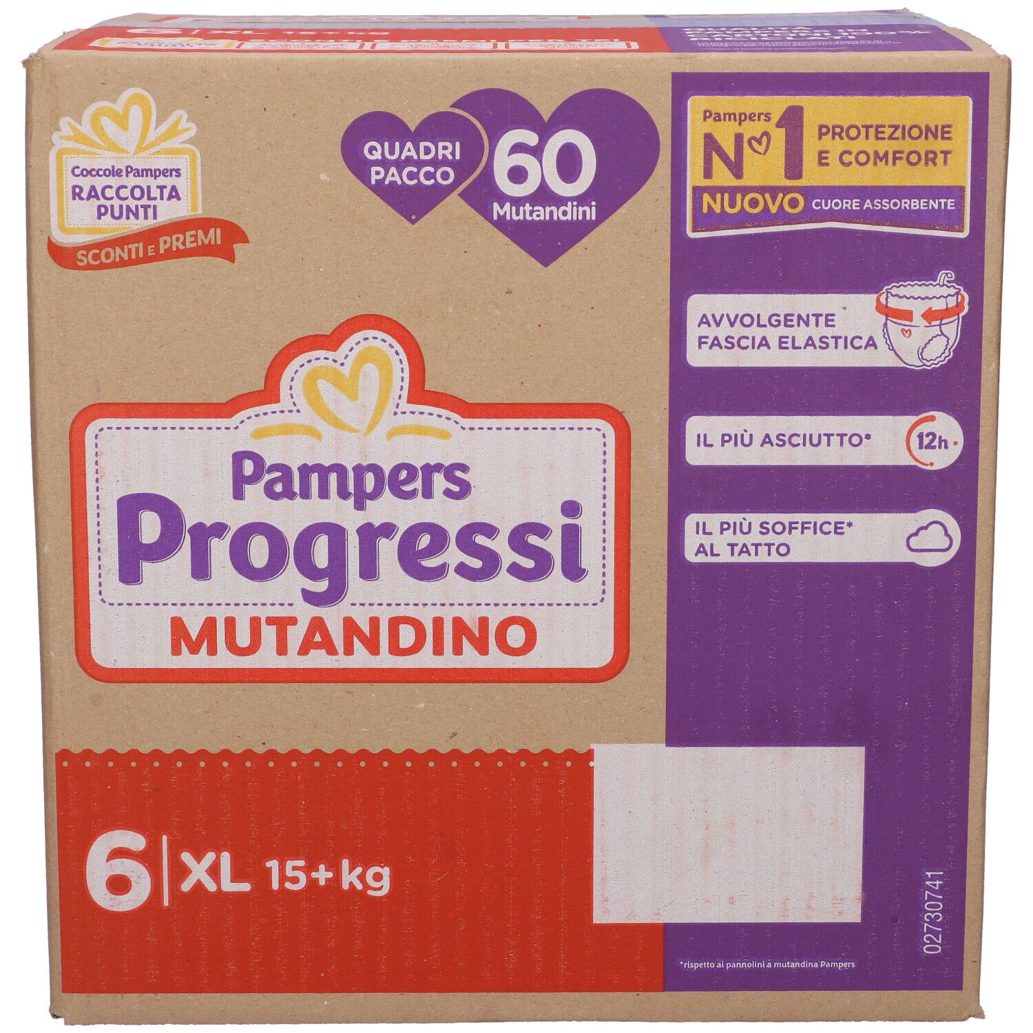 Scatola Pampers Progressi Mutandino 6 XL. 60 mutandini. Taglia XL, 15+ kg. Confezione con logo e informazioni sul prodotto.