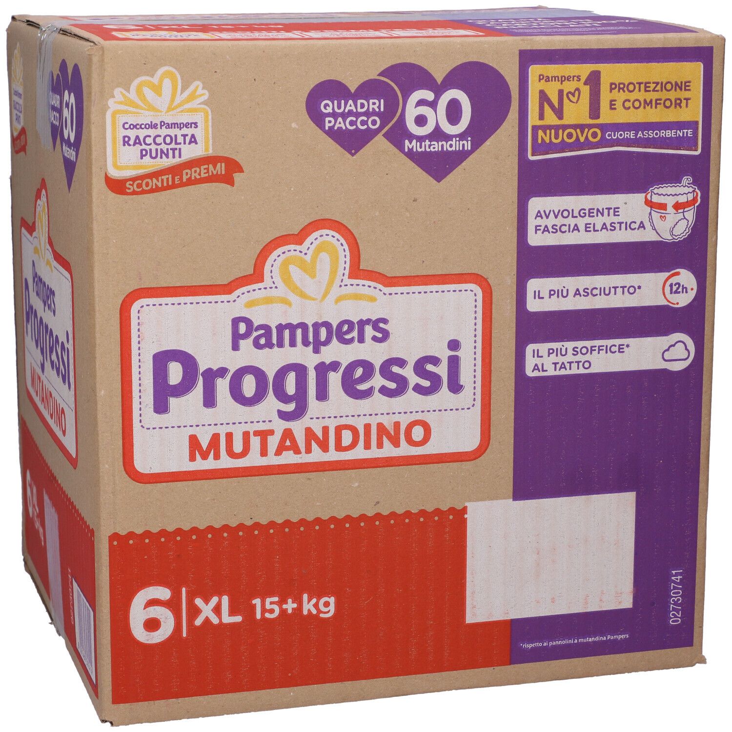 Scatola Pampers Progressi Mutandino 6 XL. 60 mutandini. Taglia XL, 15+ kg. Confezione con logo e informazioni sul prodotto.