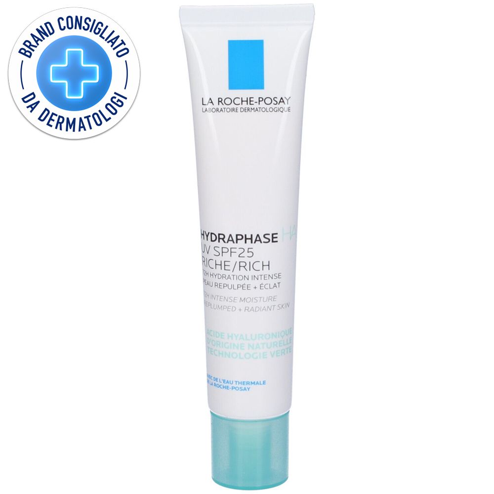 Tubo bianco con tappo blu. Logo e testo. Sigillo: Brand Consigliato da Dermatologi.