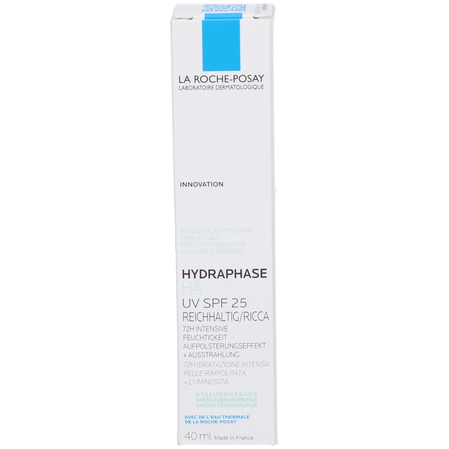 Scatola bianca. Logo e nome del prodotto. Testo multilingue. 40 ml.