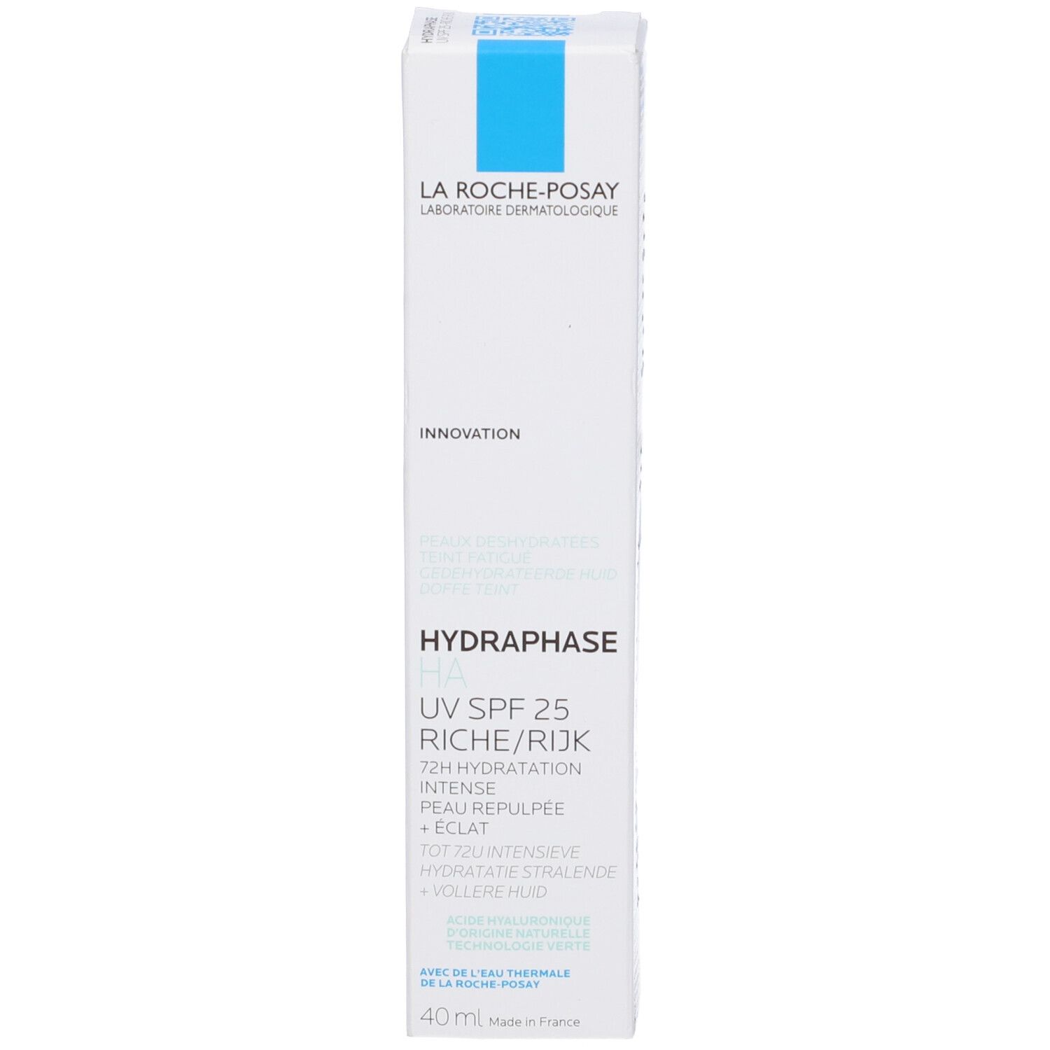 Scatola bianca. Logo e nome del prodotto. Testo multilingue. 40 ml.