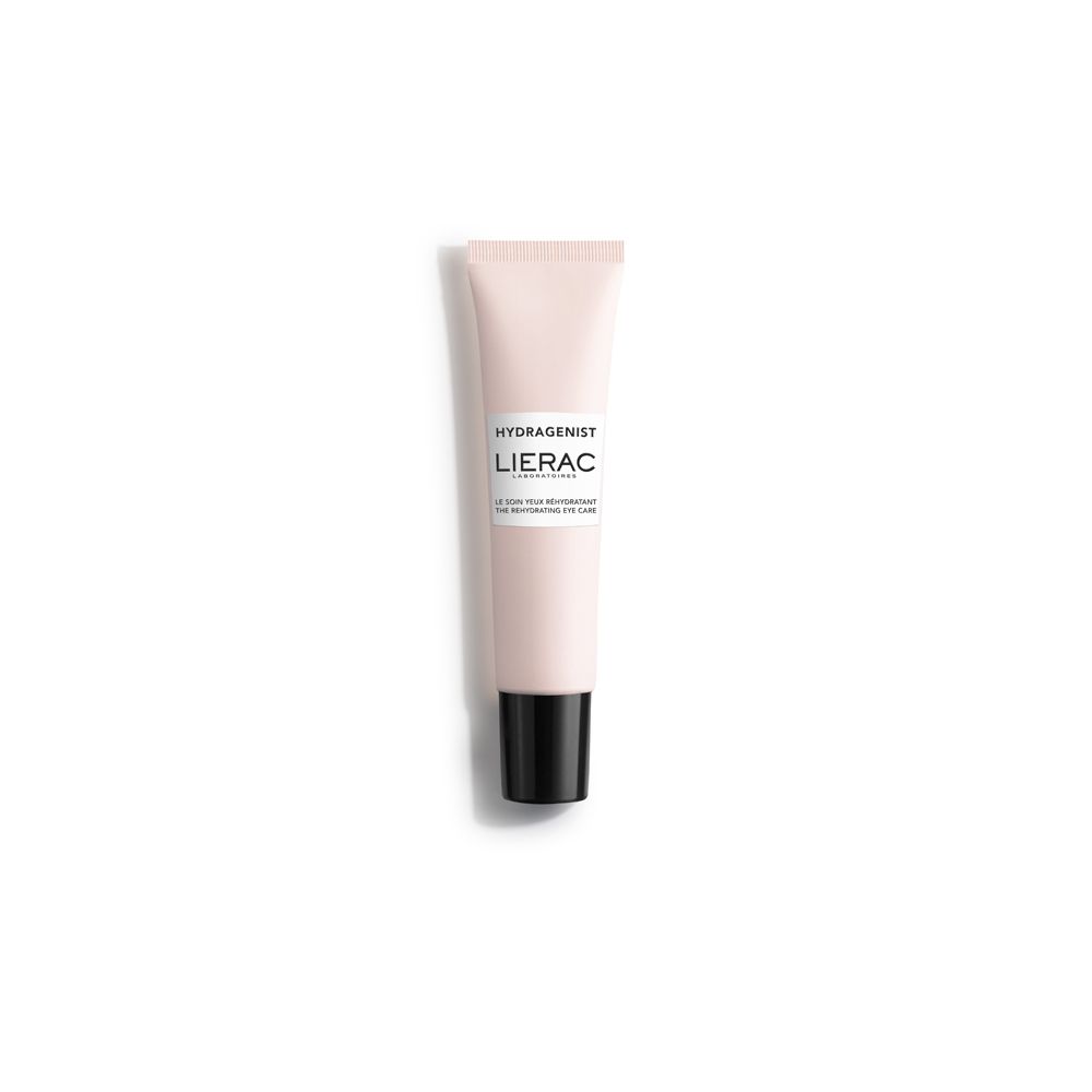 Tubo rosa con tappo nero. Scritta: HYDRAGENIST, LIERAC. Prodotto per il contorno occhi.